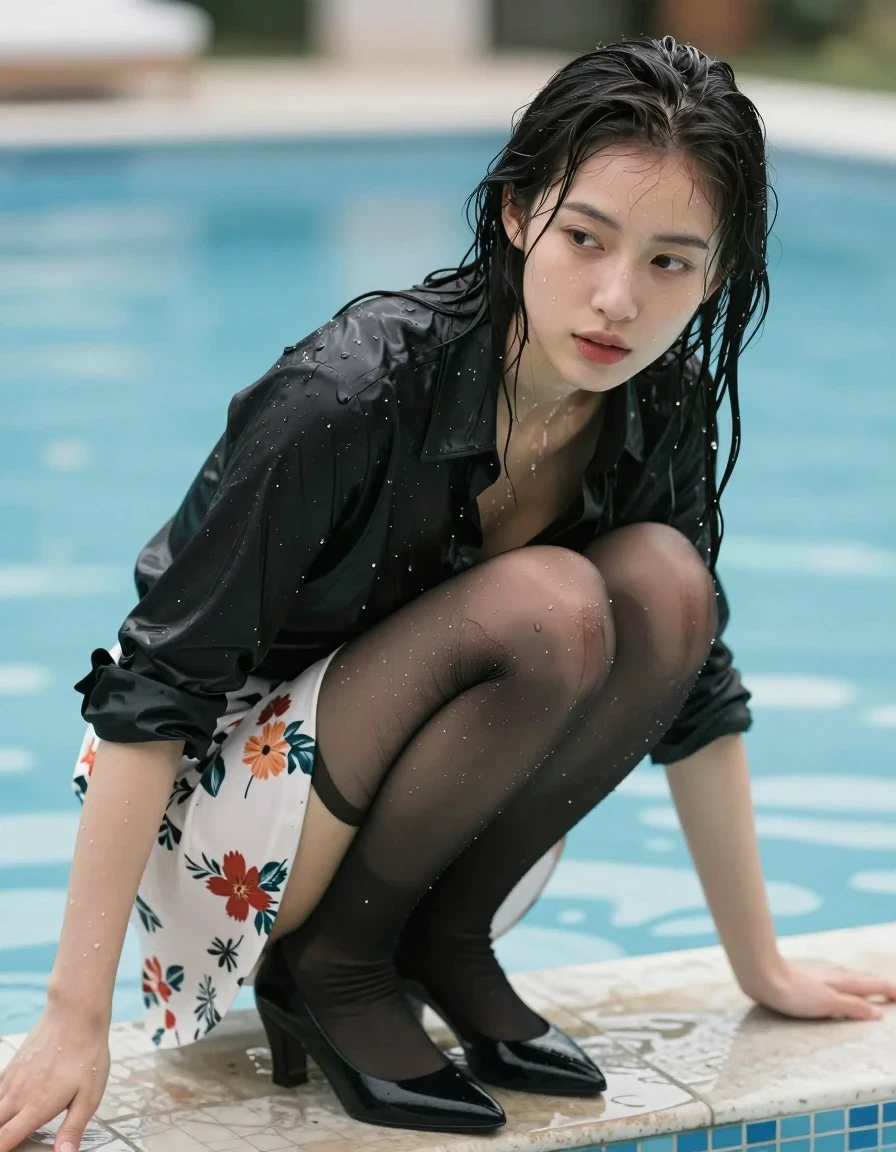 photo of young woman, in soaking wet, drenched clothes,
Black heels, Black nylons, flower printed white skirt, Black shirt, Pool, 
enjoying, wet clothes stuck to body,
detailed textures of the wet clothes, wet face, wet plastered hair,
wet, drenched, professional, high-quality details, full body view.
sharp focus, ultra-high pixel detail, realistic, high-quality, full colors, incredibly detailed, 4k, 8k, 16k, hyper-realistic, RAW photo, masterpiece, ultra-detailed, professionally color graded, professional photograph, wet skin, wet clothes, damp fabric, wet skin, wet clothes, damp fabric