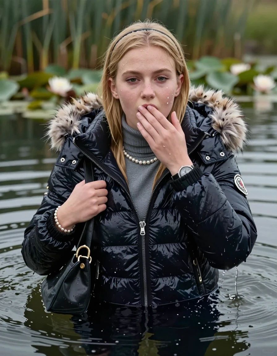 photo of young woman, in soaking wet, drenched clothes,
, , Moncler shiny puffer down jacket with fur, open jacket,  tight turtleneck sweater belly free, shoulderbag, pearl necklace, bracelet, wristwatch, Swimming and sinking deep into the water after diving in a lake with water lilies and reeds, 
enjoying, wet clothes stuck to body,
detailed textures of the wet clothes, wet face, wet plastered hair,
wet, drenched, professional, high-quality details, full body view.
sharp focus, ultra-high pixel detail, realistic, high-quality, full colors, incredibly detailed, 4k, 8k, 16k, hyper-realistic, RAW photo, masterpiece, ultra-detailed, professionally color graded, professional photograph, Anna Malygon, blonde Sleek long straight hair, hairband

15 years old  teenage girl

Looking up at camera, Whole body and shoulders are submerged under the surface. open mouth, half closed eyes. Make-up.

she is completely underwater up to her neck.

one hand on her mouth.

her submerged clothes are hardly vusible under water, she soaked her handbag into the water
she is completely underwater up to her neck, afraid and astonished expression. 

her clothing is soaking wet and clinging tightly to her skin, showing heavy wet folds, darkened fabric texture, and deep water-saturated Patches, her clothes are heavy from the water, water runs from her body and her clothes in streams. A lot of water also runs out of her clothes. Her clothes are darkened by the water. Her submerged clothes are good visible under the water.  she soaked her handbag into the water.

close up view, wet skin, wet clothes, wet hair, damp fabric, water runs down the clothes, wet skin, wet clothes, damp fabric. cinematic medium shot, hyper-realistic wetness, high-contrast water sheen, sharp focus, 16k resolution, professional photography, realistic water physics., wet skin, wet clothes, damp fabric, wet skin, wet clothes, damp fabric, wet skin, wet clothes, damp fabric, wet skin, wet clothes, damp fabric, wet skin, wet clothes, damp fabric, wet skin, wet clothes, damp fabric