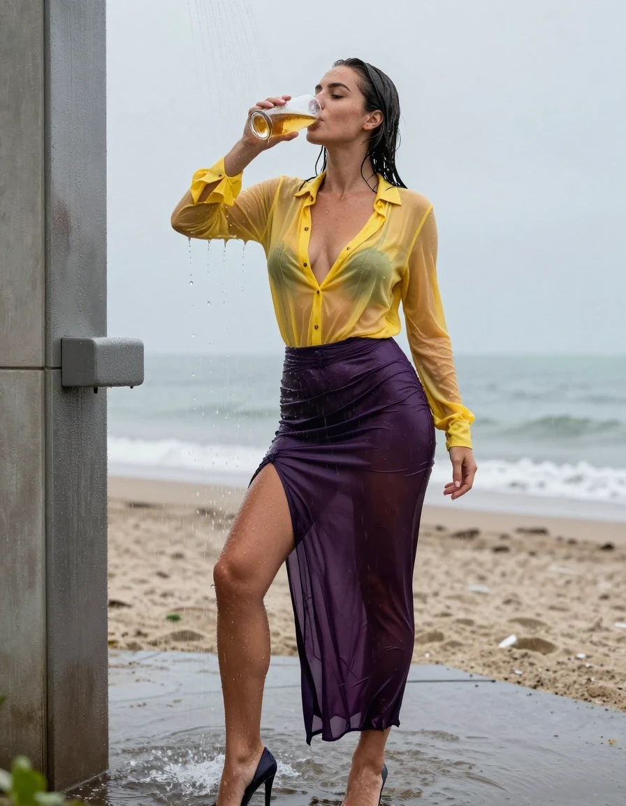 photo of young woman, in soaking wet, drenched clothes,
high-heels, see-through dark purple satin silk slim floor-length skirt, tranparent, dark yellow silk blouse,buttoned, long sleeves, no underwear, stand in the water of a shower at the beach, 
enjoying, wet clothes stuck to body,
detailed textures of the wet clothes, wet face, wet plastered hair,
wet, drenched, professional, high-quality details, full body view.
sharp focus, ultra-high pixel detail, realistic, high-quality, full colors, incredibly detailed, 4k, 8k, 16k, hyper-realistic, RAW photo, masterpiece, ultra-detailed, professionally color graded, professional photograph, heavy rain, completely soaked, drenched, dripping wet, visible breasts, drinking a glass of beer, wet skin, wet clothes, damp fabric, wet skin, wet clothes, damp fabric, wet skin, wet clothes, damp fabric