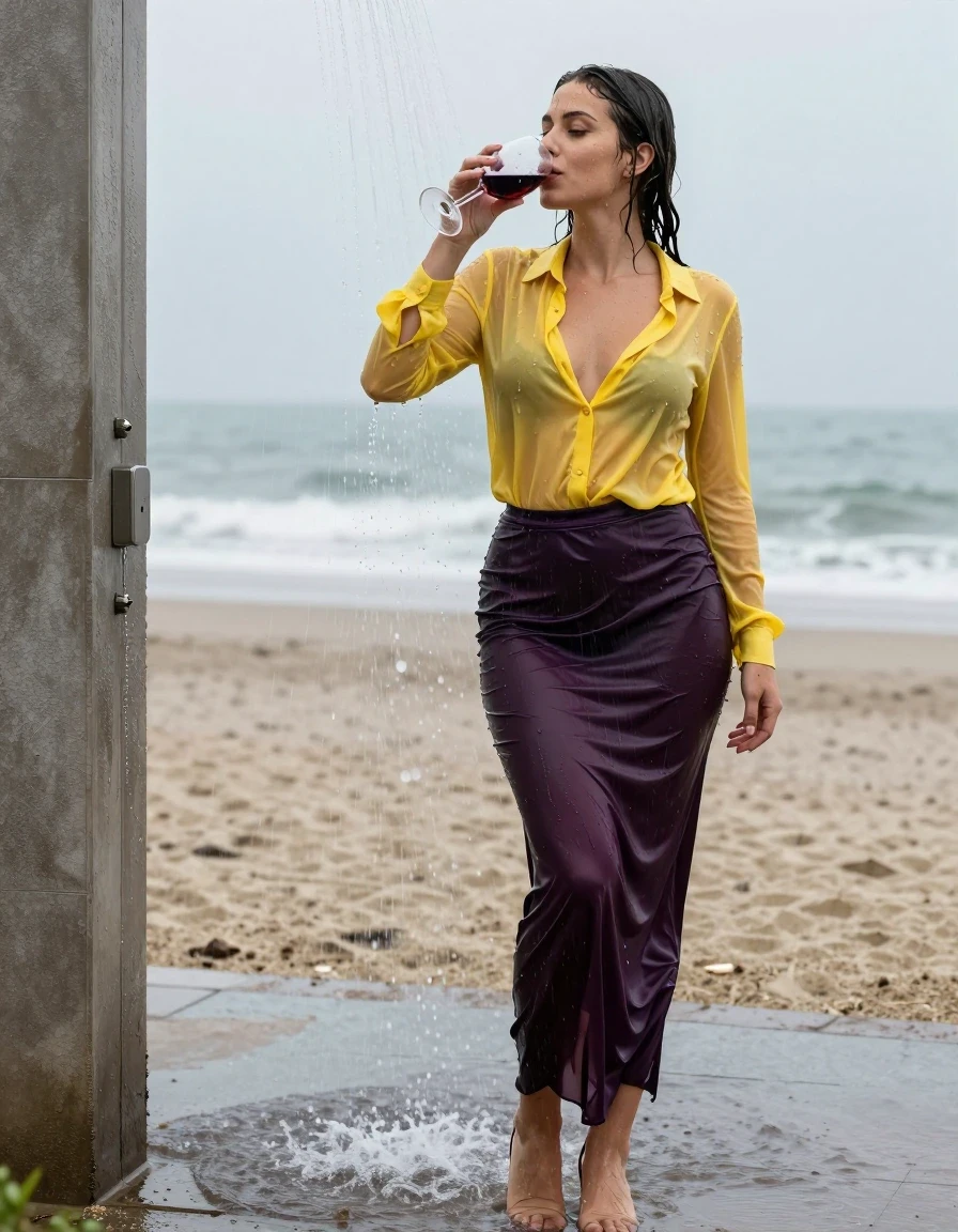 photo of young woman, in soaking wet, drenched clothes,
high-heels, see-through dark purple satin silk slim floor-length skirt, tranparent, dark yellow silk blouse,buttoned, long sleeves, no underwear, stand in the water of a shower at the beach, 
enjoying, wet clothes stuck to body,
detailed textures of the wet clothes, wet face, wet plastered hair,
wet, drenched, professional, high-quality details, full body view.
sharp focus, ultra-high pixel detail, realistic, high-quality, full colors, incredibly detailed, 4k, 8k, 16k, hyper-realistic, RAW photo, masterpiece, ultra-detailed, professionally color graded, professional photograph, heavy rain, completely soaked, drenched, dripping wet, visible breasts, drinking a glass of red wine, wet skin, wet clothes, damp fabric, wet skin, wet clothes, damp fabric, wet skin, wet clothes, damp fabric