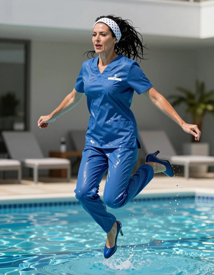 photo of young woman, in soaking wet, drenched clothes,
high-heeled shoes , shiny blue scribs, Shiny blue scrubs , Jumping in Sunny swimming pool , 
enjoying, wet clothes stuck to body,
detailed textures of the wet clothes, wet face, wet plastered hair,
wet, drenched, professional, high-quality details, full body view.
sharp focus, ultra-high pixel detail, realistic, high-quality, full colors, incredibly detailed, 4k, 8k, 16k, hyper-realistic, RAW photo, masterpiece, ultra-detailed, professionally color graded, professional photograph, european brunette skinny woman 50 years old, long dark black hair, office găsesc, white polka-dot headband, very big and thick lips, complete body, wet skin, wet clothes, damp fabric, wet skin, wet clothes, damp fabric, wet skin, wet clothes, damp fabric, wet skin, wet clothes, damp fabric, wet skin, wet clothes, damp fabric, wet skin, wet clothes, damp fabric, wet skin, wet clothes, damp fabric, wet skin, wet clothes, damp fabric, wet skin, wet clothes, damp fabric