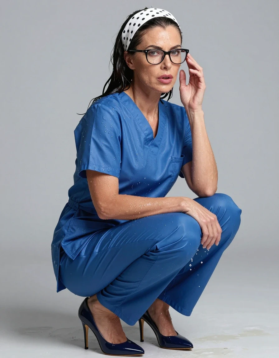 photo of young woman, in soaking wet, drenched clothes,
high-heeled shoes , shiny blue scrubs, Shiny blue scrubs ,  after Bath , 
enjoying, wet clothes stuck to body,
detailed textures of the wet clothes, wet face, wet plastered hair,
wet, drenched, professional, high-quality details, full body view.
sharp focus, ultra-high pixel detail, realistic, high-quality, full colors, incredibly detailed, 4k, 8k, 16k, hyper-realistic, RAW photo, masterpiece, ultra-detailed, professionally color graded, professional photograph, european brunette skinny woman 50 years old, long dark black hair, office glasses, white polka-dot headband, very big and thick lips, complete body, wet skin, wet clothes, damp fabric, wet skin, wet clothes, damp fabric, wet skin, wet clothes, damp fabric, wet skin, wet clothes, damp fabric, wet skin, wet clothes, damp fabric, wet skin, wet clothes, damp fabric, wet skin, wet clothes, damp fabric, wet skin, wet clothes, damp fabric, wet skin, wet clothes, damp fabric