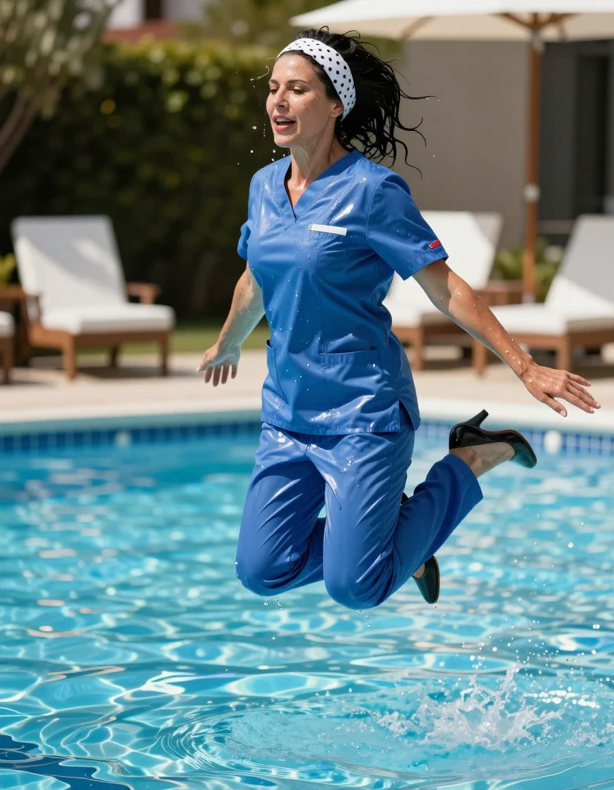 photo of young woman, in soaking wet, drenched clothes,
high-heeled shoes , shiny blue scribs, Shiny blue scrubs , Jumping in Sunny swimming pool , 
enjoying, wet clothes stuck to body,
detailed textures of the wet clothes, wet face, wet plastered hair,
wet, drenched, professional, high-quality details, full body view.
sharp focus, ultra-high pixel detail, realistic, high-quality, full colors, incredibly detailed, 4k, 8k, 16k, hyper-realistic, RAW photo, masterpiece, ultra-detailed, professionally color graded, professional photograph, european brunette skinny woman 50 years old, long dark black hair, white polka-dot headband, very big and thick lips, complete body, wet skin, wet clothes, damp fabric, wet skin, wet clothes, damp fabric, wet skin, wet clothes, damp fabric, wet skin, wet clothes, damp fabric, wet skin, wet clothes, damp fabric, wet skin, wet clothes, damp fabric, wet skin, wet clothes, damp fabric, wet skin, wet clothes, damp fabric, wet skin, wet clothes, damp fabric