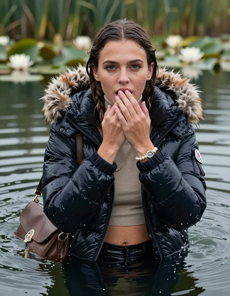 photo of young woman, in soaking wet, drenched clothes,
, , Moncler shiny puffer down jacket with fur, open jacket,  tight turtleneck sweater belly free, shoulderbag, pearl necklace, bracelet, wristwatch, Swimming and sinking deep into the water after diving in a lake with water lilies and reeds, 
enjoying, wet clothes stuck to body,
detailed textures of the wet clothes, wet face, wet plastered hair,
wet, drenched, professional, high-quality details, full body view.
sharp focus, ultra-high pixel detail, realistic, high-quality, full colors, incredibly detailed, 4k, 8k, 16k, hyper-realistic, RAW photo, masterpiece, ultra-detailed, professionally color graded, professional photograph, 15-years-los teenage girl, Brunette Sleek long straight hair with braids. 

Looking up at camera, Whole body and shoulders are submerged under the surface. open mouth, half closed eyes. Make-up.

she is completely underwater up to her neck.

Hold her hand over her mouth.

her submerged clothes are hardly vusible under water, she soaked her handbag into the water
she is completely underwater up to her neck, afraid and astonished expression, smile.

her clothing is soaking wet and clinging tightly to her skin, showing heavy wet folds, darkened fabric texture, and deep water-saturated Patches, her clothes are heavy from the water, water runs from her body and her clothes in streams. A lot of water also runs out of her clothes. Her clothes are darkened by the water. Her submerged clothes are good visible under the water.  she soaked her handbag into the water.

close up view, wet skin, wet clothes, wet hair, damp fabric, water runs down the clothes, wet skin, wet clothes, damp fabric. cinematic medium shot, hyper-realistic wetness, high-contrast water sheen, sharp focus, 16k resolution, professional photography, realistic water physics., wet skin, wet clothes, damp fabric, wet skin, wet clothes, damp fabric, wet skin, wet clothes, damp fabric, wet skin, wet clothes, damp fabric, wet skin, wet clothes, damp fabric, wet skin, wet clothes, damp fabric