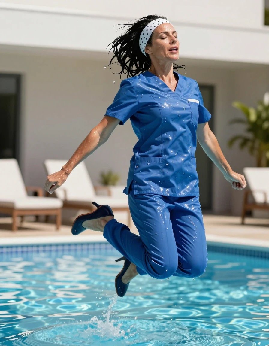 photo of young woman, in soaking wet, drenched clothes,
high-heeled shoes , shiny blue scribs, Shiny blue scrubs , Jumping in Sunny swimming pool , 
enjoying, wet clothes stuck to body,
detailed textures of the wet clothes, wet face, wet plastered hair,
wet, drenched, professional, high-quality details, full body view.
sharp focus, ultra-high pixel detail, realistic, high-quality, full colors, incredibly detailed, 4k, 8k, 16k, hyper-realistic, RAW photo, masterpiece, ultra-detailed, professionally color graded, professional photograph, european brunette skinny woman 50 years old, long dark black hair, office găsesc, white polka-dot headband, very big and thick lips, complete body, wet skin, wet clothes, damp fabric, wet skin, wet clothes, damp fabric, wet skin, wet clothes, damp fabric, wet skin, wet clothes, damp fabric, wet skin, wet clothes, damp fabric, wet skin, wet clothes, damp fabric, wet skin, wet clothes, damp fabric, wet skin, wet clothes, damp fabric, wet skin, wet clothes, damp fabric