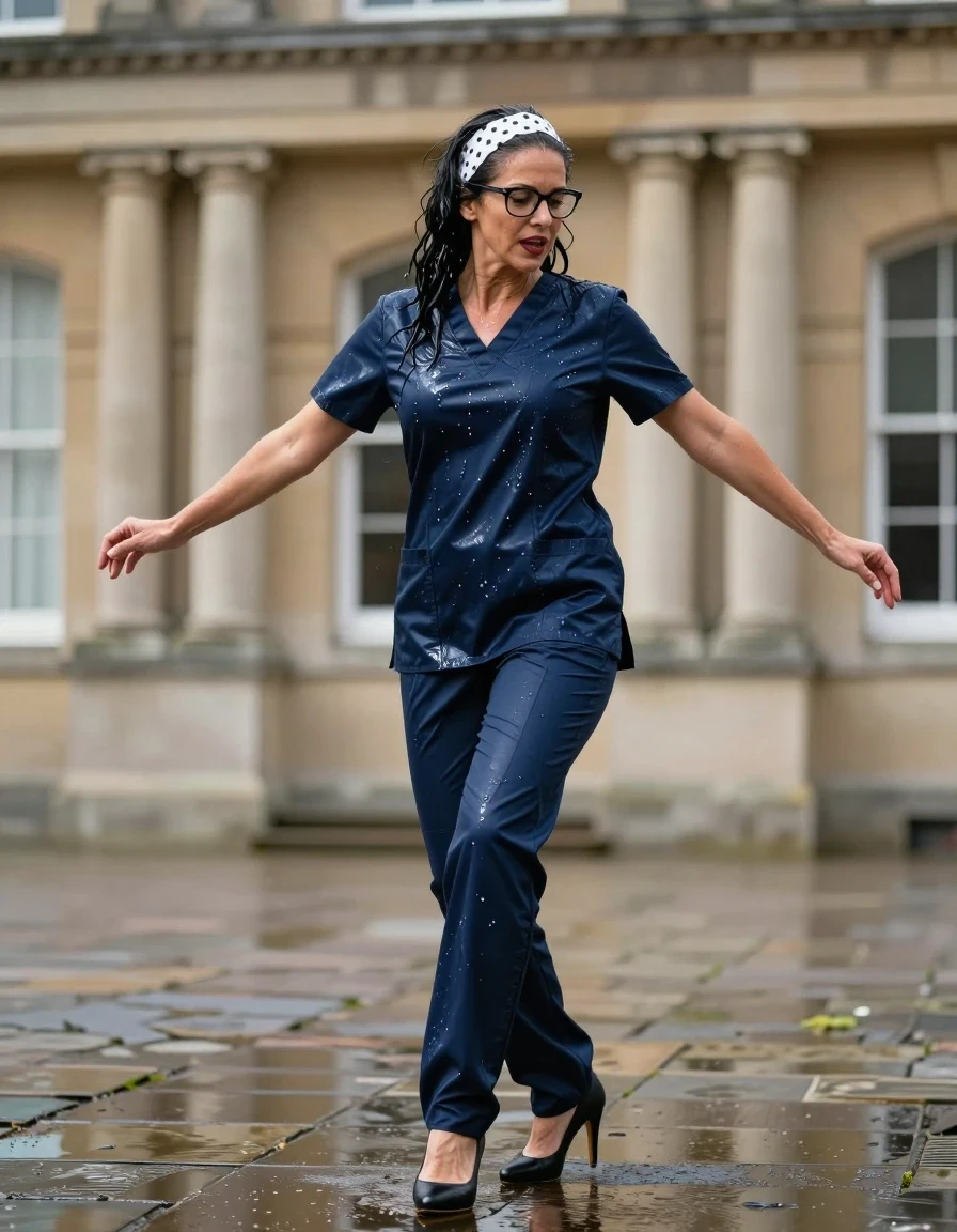 photo of young woman, in soaking wet, drenched clothes,
high-heeled shoes , shiny dark blue scrubs, Shiny dark blue scrubs ,  Dancing in Walter after Bath , 
enjoying, wet clothes stuck to body,
detailed textures of the wet clothes, wet face, wet plastered hair,
wet, drenched, professional, high-quality details, full body view.
sharp focus, ultra-high pixel detail, realistic, high-quality, full colors, incredibly detailed, 4k, 8k, 16k, hyper-realistic, RAW photo, masterpiece, ultra-detailed, professionally color graded, professional photograph, european brunette skinny woman 50 years old, long dark black hair, office glasses, white polka-dot headband, very big and thick lips, complete body, wet skin, wet clothes, damp fabric, wet skin, wet clothes, damp fabric, wet skin, wet clothes, damp fabric, wet skin, wet clothes, damp fabric, wet skin, wet clothes, damp fabric, wet skin, wet clothes, damp fabric, wet skin, wet clothes, damp fabric, wet skin, wet clothes, damp fabric, wet skin, wet clothes, damp fabric