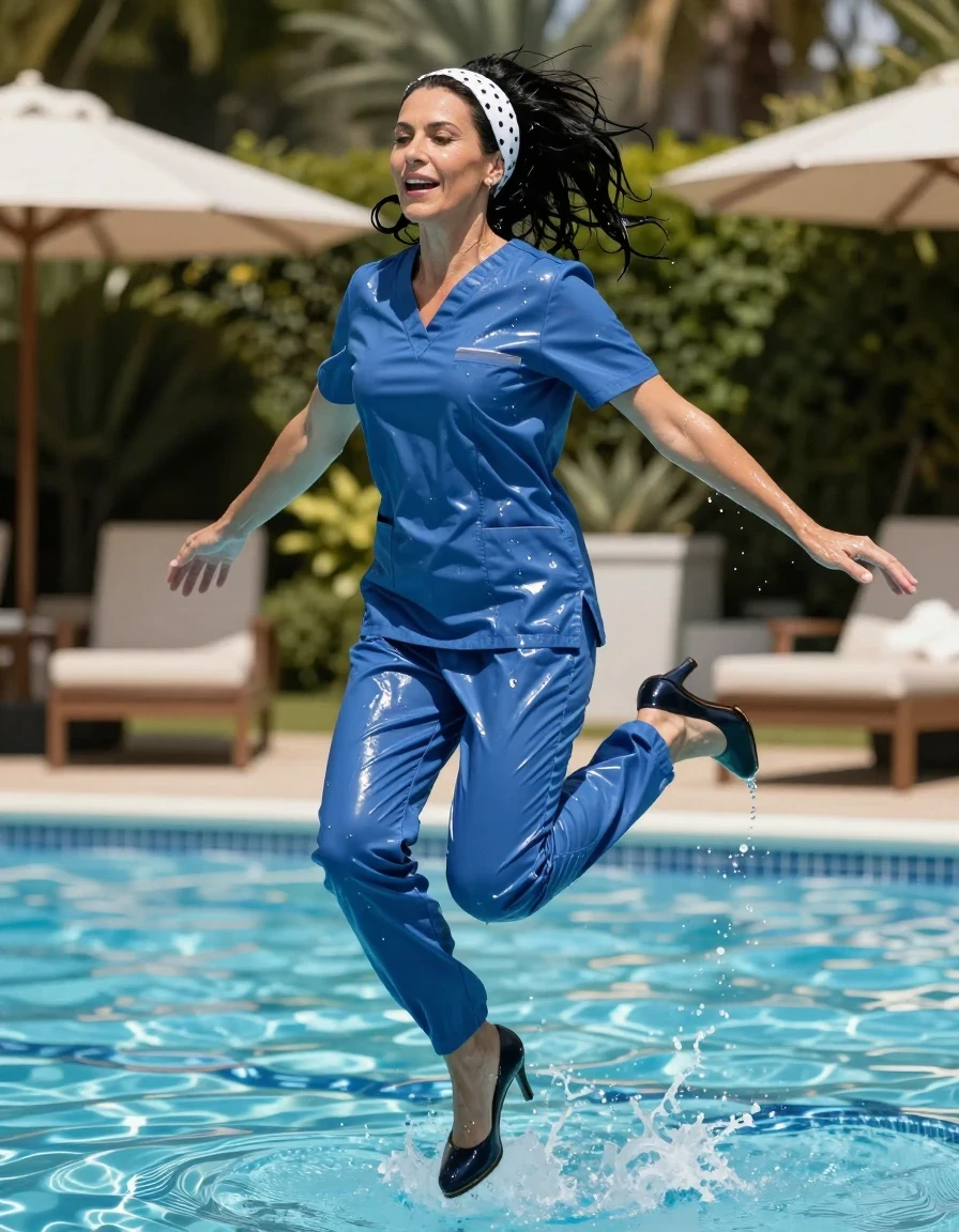 photo of young woman, in soaking wet, drenched clothes,
high-heeled shoes , shiny blue scribs, Shiny blue scrubs , Jumping in Sunny swimming pool , 
enjoying, wet clothes stuck to body,
detailed textures of the wet clothes, wet face, wet plastered hair,
wet, drenched, professional, high-quality details, full body view.
sharp focus, ultra-high pixel detail, realistic, high-quality, full colors, incredibly detailed, 4k, 8k, 16k, hyper-realistic, RAW photo, masterpiece, ultra-detailed, professionally color graded, professional photograph, european brunette skinny woman 50 years old, long dark black hair, white polka-dot headband, very big and thick lips, complete body, wet skin, wet clothes, damp fabric, wet skin, wet clothes, damp fabric, wet skin, wet clothes, damp fabric, wet skin, wet clothes, damp fabric, wet skin, wet clothes, damp fabric, wet skin, wet clothes, damp fabric, wet skin, wet clothes, damp fabric, wet skin, wet clothes, damp fabric, wet skin, wet clothes, damp fabric