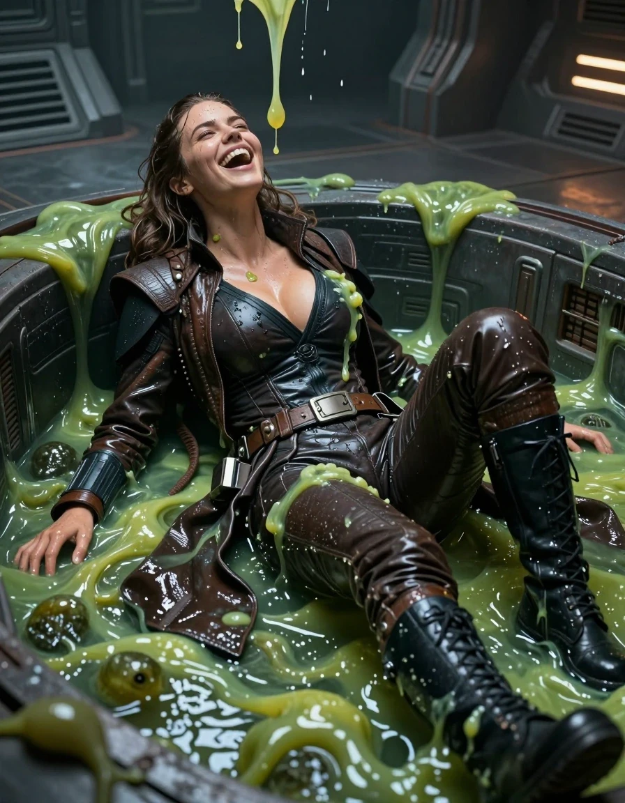 photo of young woman, in soaking wet, drenched clothes,
black combat boots, star wars  dark jedi martial outfit in patent leather and leather, a pool filled with disgusting alien slime on a gloomy star wars style space station, 
enjoying, wet clothes stuck to body,
detailed textures of the wet clothes, wet face, wet plastered hair,
wet, drenched, professional, high-quality details, full body view.
sharp focus, ultra-high pixel detail, realistic, high-quality, full colors, incredibly detailed, 4k, 8k, 16k, hyper-realistic, RAW photo, masterpiece, ultra-detailed, professionally color graded, professional photograph, on the picture is a young nordic girl with big boobs wears a dark jedi outfit. TThe woman is lying on her back in a pool of slime. She laughs heartily and smears more slime onto her clothing.Her clothing and hair are smeared with alien slime. the clothes are completly drenched and slimy from the slimepool. She looks up. Green slime drops from the ceiling onto her face and into her cleavage. slimy skin, slimy hair, wet clothes, damp fabric,, wet skin, wet clothes, damp fabric