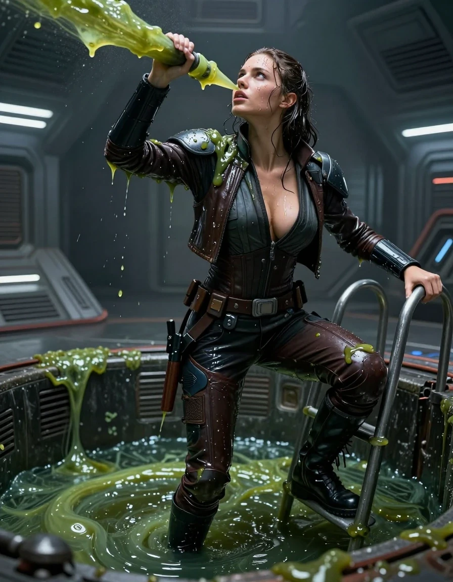 photo of young woman, in soaking wet, drenched clothes,
black combat boots, star wars  dark jedi martial outfit in patent leather and leather, a pool filled with disgusting alien slime on a gloomy star wars style space station, 
enjoying, wet clothes stuck to body,
detailed textures of the wet clothes, wet face, wet plastered hair,
wet, drenched, professional, high-quality details, full body view.
sharp focus, ultra-high pixel detail, realistic, high-quality, full colors, incredibly detailed, 4k, 8k, 16k, hyper-realistic, RAW photo, masterpiece, ultra-detailed, professionally color graded, professional photograph, on the picture is a young nordic girl with big boobs wears a dark jedi outfit. The woman climbs out of the slimepool using a metal ladder.Her clothing and hair are smeared with alien slime. the clothes are completly drenched and slimy from the slimepool.She looks up. A green, slimy jet shoots from the ceiling onto her face and into her cleavage. slimy skin, slimy hair, wet clothes, damp fabric,, wet skin, wet clothes, damp fabric