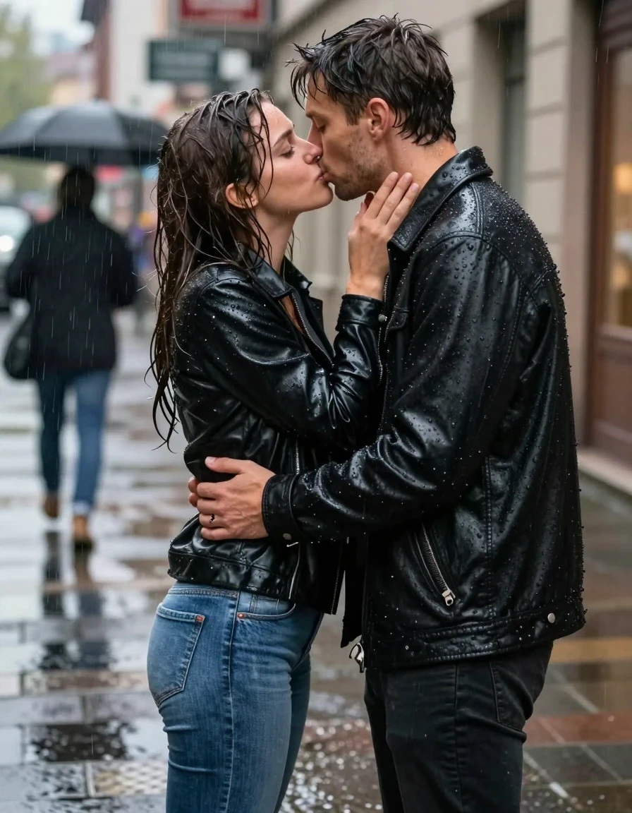 photo of young woman, in soaking wet, drenched clothes,
barfuss, tihgt blue wet jeans , schwarzes nasses baumwoll shirt, street, 
enjoying, wet clothes stuck to body,
detailed textures of the wet clothes, wet face, wet plastered hair,
wet, drenched, professional, high-quality details, full body view.
sharp focus, ultra-high pixel detail, realistic, high-quality, full colors, incredibly detailed, 4k, 8k, 16k, hyper-realistic, RAW photo, masterpiece, ultra-detailed, professionally color graded, professional photograph, eine frau und ein mann stehen im regen unter einer triefenden regenrinne und umarmen und küssen sich leidenschaftlich im starken regen, wet skin, wet clothes, damp fabric