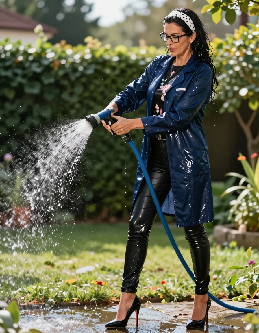 photo of young woman, in soaking wet, drenched clothes,
high-heeled shoes, maxi shiny black tight leather jeans, shiny high-neck black floral t-shirt with long sleeves, maxi dark blue shiny labcoat with ling sleeves , pouring water with the hose on, in sunny garden, 
enjoying, wet clothes stuck to body,
detailed textures of the wet clothes, wet face, wet plastered hair,
wet, drenched, professional, high-quality details, full body view.
sharp focus, ultra-high pixel detail, realistic, high-quality, full colors, incredibly detailed, 4k, 8k, 16k, hyper-realistic, RAW photo, masterpiece, ultra-detailed, professionally color graded, professional photograph, european brunette skinny woman 50 years old, long dark black hair, white polka-dot headband, office glasses, very big and thick lips, complete body, wet skin, wet clothes, damp fabric, wet skin, wet clothes, damp fabric, wet skin, wet clothes, damp fabric, wet skin, wet clothes, damp fabric, wet skin, wet clothes, damp fabric, wet skin, wet clothes, damp fabric, wet skin, wet clothes, damp fabric, wet skin, wet clothes, damp fabric, wet skin, wet clothes, damp fabric