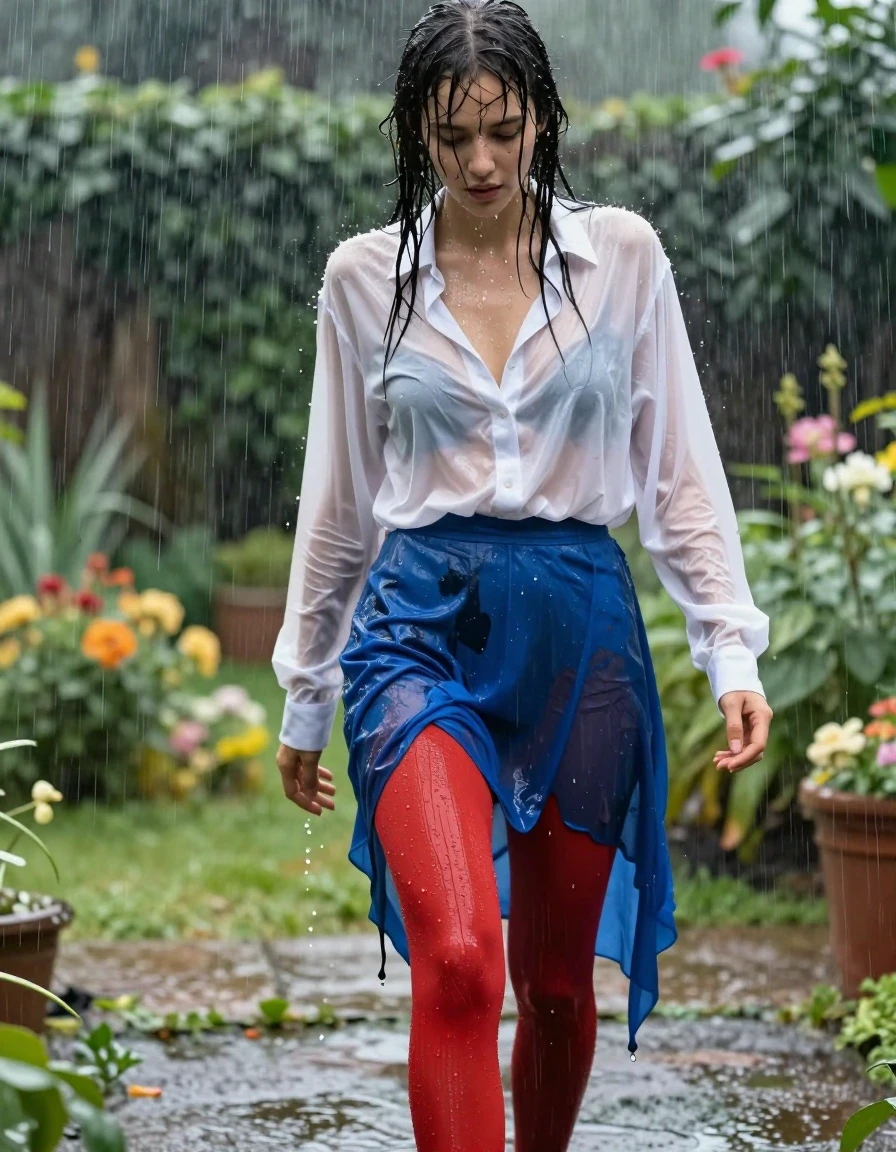 A photorealistic medium shot of a young adult European woman in a lush garden during a heavy downpour, enjoying the rain. She is wearing a white oversized buttoned-down long-sleeved blouse that is translucent and clinging to her skin from the deluge, showing visible water saturation and heavy folds. Below, she wears an excessively long blue skirt that is soaked through, its fabric heavy with water, clinging to her legs with dark, uneven patches and deep indigo tones. Underneath the skirt, her feet are encased in vibrant red pantyhose, which are slick, glossy, and glistening with water droplets and a wet-look sheen. Her hair is plastered to her face and shoulders, strands dripping with rainwater, and her skin has a natural, glistening wet texture. The garden background is filled with blurred, rain-drenched greenery and flowers, with soft, diffused overcast lighting creating specular reflections on the wet surfaces of her clothing and skin. The image is captured with sharp focus, high contrast, and realistic textures, emphasizing the weight and cling of the wet fabric against her frame.
