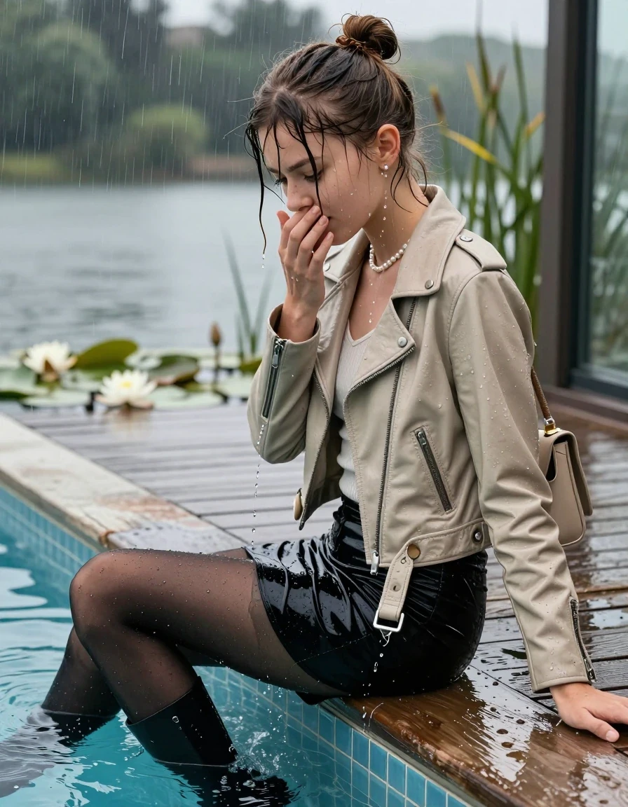photo of young woman, in soaking wet, drenched clothes,
Black high boots, Short black mini skirt, black stockings , Beige biker leatherjacket, tight v-neck sweater, shoulderbag, pearl necklace, bracelet, wristwatch, jetty by the lake with water lilies and reeds, 
enjoying, wet clothes stuck to body,
detailed textures of the wet clothes, wet face, wet plastered hair,
wet, drenched, professional, high-quality details, full body view.
sharp focus, ultra-high pixel detail, realistic, high-quality, full colors, incredibly detailed, 4k, 8k, 16k, hyper-realistic, RAW photo, masterpiece, ultra-detailed, professionally color graded, professional photograph, A realistic vertical fashion photograph taken from a backward, behind-the-back angle of a Young horny 12-year-old teengirl sitting  and slides in a glass-walled outdoor swimming pool, facing away to the camera to show her back. 

She is tilting her head at camera, letting the water drench her hair so it is glued flat against her head and body. 
She has  brunette sticked up topknot with bangs, completely saturated and dripping wet hair, with water cascading down her face and neck. Shy and insecure expression. She is a Little Bit fearful and Smileys embarrassed. Hold her hands over her mouth. Open mouth, half closed eyes.

The lighting is bright and cinematic, highlighting the glistening water droplets and the saturated texture of her  casual clothes. Outside the large glass wall of the pool building, heavy rain is visible falling against the window. Soft, moody indoor lighting with reflections on the water. High-quality fashion photography style.
her clothing is soaking wet and clinging tightly to her skin, showing heavy wet folds, darkened fabric texture, and deep water-saturated Patches, her clothes are heavy from the water, water runs from her body and her clothes in streams. A lot of water also runs out of her clothes. Her clothes are darkened by the water. 
hyper-realistic wetness, high-contrast water sheen, sharp focus, 16k resolution, professional photography, realistic water physics., wet skin, wet clothes, damp fabric., wet skin, wet clothes, damp fabric, wet skin, wet clothes, damp fabric, wet skin, wet clothes, damp fabric, wet skin, wet clothes, damp fabric, wet skin, wet clothes, damp fabric, wet skin, wet clothes, damp fabric, wet skin, wet clothes, damp fabric