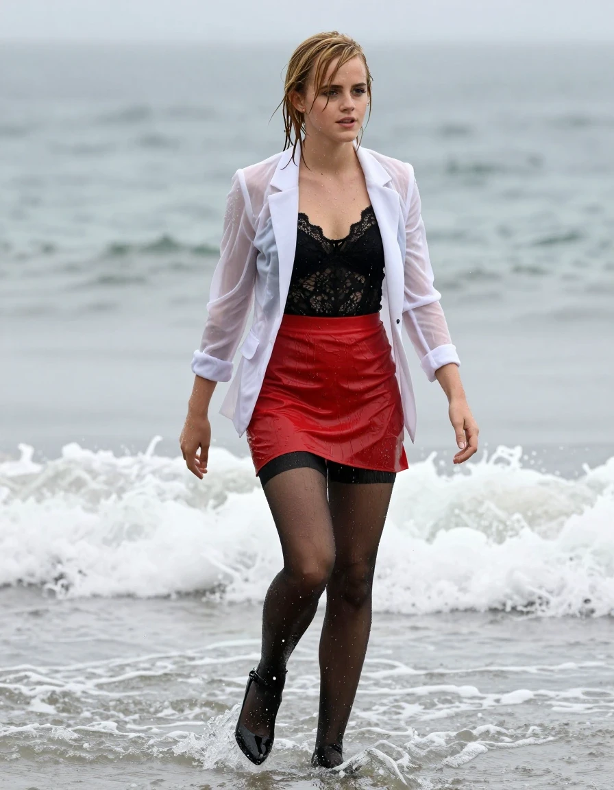photo of young woman, in soaking wet, drenched clothes,
Black high heels , black stockings, red miniskirt, black panties , Black lace camisole, see-through white blazer, Walking in the surf, heavy rain , 
enjoying, wet clothes stuck to body,
detailed textures of the wet clothes, wet face, wet plastered hair,
wet, drenched, professional, high-quality details, full body view.
sharp focus, ultra-high pixel detail, realistic, high-quality, full colors, incredibly detailed, 4k, 8k, 16k, hyper-realistic, RAW photo, masterpiece, ultra-detailed, professionally color graded, professional photograph, Blonde, Emma Watson, wet skin, wet clothes, damp fabric