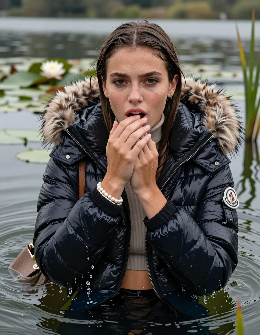 photo of young woman, in soaking wet, drenched clothes,
, , Moncler shiny puffer down jacket with fur, open jacket,  tight turtleneck sweater belly free, shoulderbag, pearl necklace, bracelet, wristwatch, Swimming and sinking deep into the water after diving in a lake with water lilies and reeds, 
enjoying, wet clothes stuck to body,
detailed textures of the wet clothes, wet face, wet plastered hair,
wet, drenched, professional, high-quality details, full body view.
sharp focus, ultra-high pixel detail, realistic, high-quality, full colors, incredibly detailed, 4k, 8k, 16k, hyper-realistic, RAW photo, masterpiece, ultra-detailed, professionally color graded, professional photograph, 15-years-los teenage girl, Brunette Sleek long straight hair with braids. 

Looking up at camera, Whole body and shoulders are submerged under the surface. open mouth, half closed eyes. Make-up.

she is completely underwater up to her neck.

Hold her hand over her mouth.

her submerged clothes are hardly vusible under water, she soaked her handbag into the water
she is completely underwater up to her neck, afraid and astonished expression, slightly smile.

her clothing is soaking wet and clinging tightly to her skin, showing heavy wet folds, darkened fabric texture, and deep water-saturated Patches, her clothes are heavy from the water, water runs from her body and her clothes in streams. A lot of water also runs out of her clothes. Her clothes are darkened by the water. Her submerged clothes are good visible under the water.  she soaked her handbag into the water.

close up view, wet skin, wet clothes, wet hair, damp fabric, water runs down the clothes, wet skin, wet clothes, damp fabric. cinematic medium shot, hyper-realistic wetness, high-contrast water sheen, sharp focus, 16k resolution, professional photography, realistic water physics., wet skin, wet clothes, damp fabric, wet skin, wet clothes, damp fabric, wet skin, wet clothes, damp fabric, wet skin, wet clothes, damp fabric, wet skin, wet clothes, damp fabric, wet skin, wet clothes, damp fabric