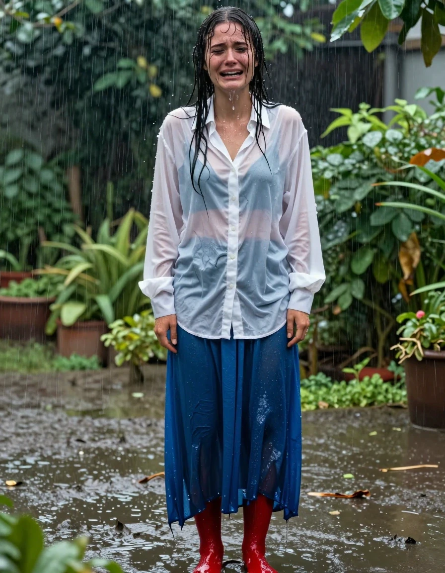 A photorealistic medium shot of a young adult European woman standing in a lush garden during a heavy rainstorm. She is crying tears of joy, her face wet with a mixture of rain and tears, hair plastered to her scalp and neck by the water. She is wearing a white oversized buttoned-down long-sleeved blouse that is soaking wet, clinging to her skin, translucent and heavy with water, showing deep folds and dark saturation. Beneath this, she wears an excessively long blue maxi skirt that is completely water-saturated, heavy, and dragging in the mud, with darker blue tones and heavy wet folds. Underneath the skirt, her feet are encased in vibrant red pantyhose, which are wet, glossy, and clinging to her skin, showing high specular reflections from the rain. The entire scene is captured with a high-shutter-speed camera, emphasizing the intense wetness of the fabric and skin, natural daylight, soft diffused lighting, sharp focus on the subject's emotional expression and the texture of the saturated clothing, cinematic atmosphere.