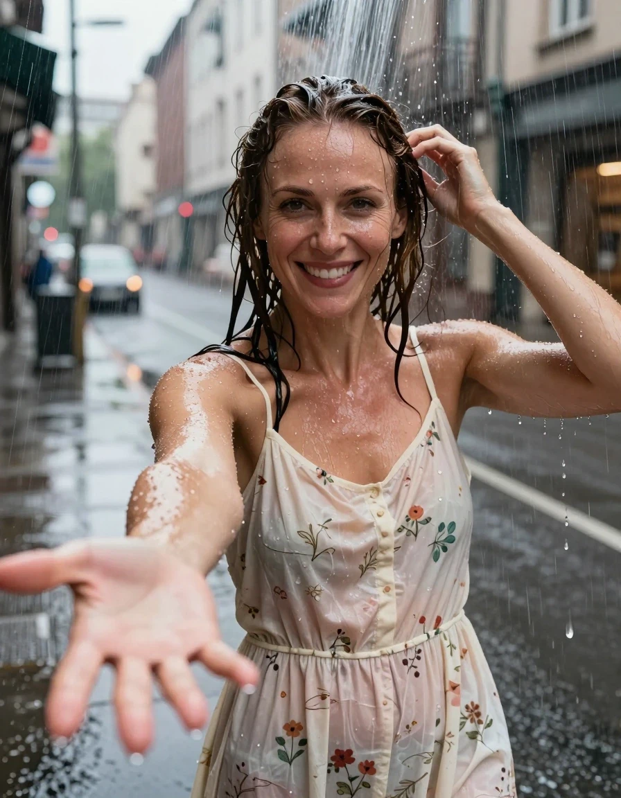 A realistic high-detail selfie photo of a fit woman in her late 30s with chestnut hair, standing directly under the heavy deluge of a gutter downspout in downtown during a rainy afternoon. She is wearing a cream-colored cotton sundress with a subtle floral pattern that is completely drenched, showing heavy wet fabric clinging to her skin, translucent patches, deep saturated tones in the floral print, and heavy water-laden folds. Her hair is slicked back and dripping wet, with water running down her face and skin, creating a glistening, high-sheen wet look. She is smiling joyfully, holding one hand out toward the camera as if capturing the selfie, while her other hand is actively slicking her wet hair back. The urban background is blurred with rain-slicked pavement and city lights reflecting in puddles. Photorealistic, 8k resolution, cinematic lighting, sharp focus on the subject, visible water droplets and texture, high-contrast specular reflections on wet skin and fabric.