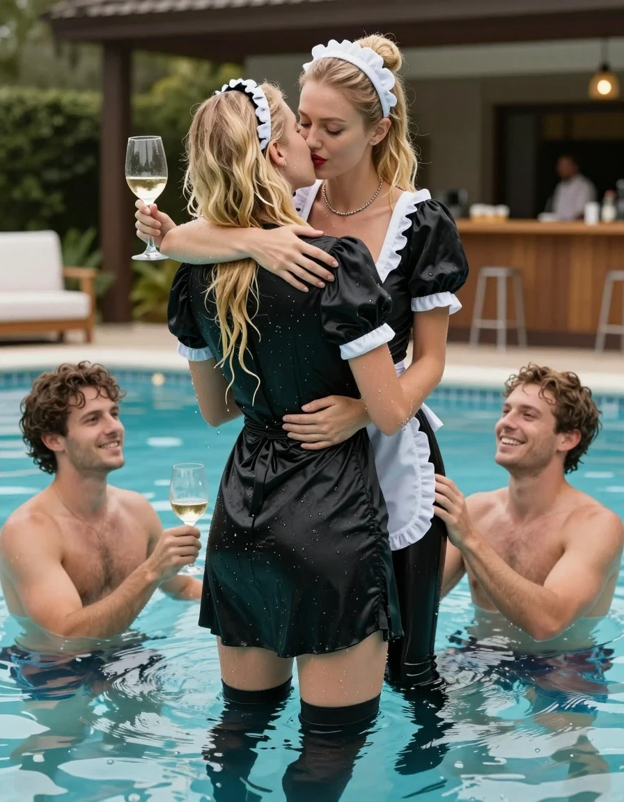 photo of young woman, in soaking wet, drenched clothes,
schwarze Halbschuhe, schwarze Nylonstrümpfe, Serviererin-Kleid aus schwarzem Satin mit Puffärmel, Luxuriöser Swimmingpool mit einer Bar, 
enjoying, wet clothes stuck to body,
detailed textures of the wet clothes, wet face, wet plastered hair,
wet, drenched, professional, high-quality details, full body view.
sharp focus, ultra-high pixel detail, realistic, high-quality, full colors, incredibly detailed, 4k, 8k, 16k, hyper-realistic, RAW photo, masterpiece, ultra-detailed, professionally color graded, professional photograph, Fotorealistische Rückansicht einer jungen Serviererin mit einem schwarzen Satinkleid mit Puffärmel, sie steht bis zur Brust im Wasser in einem Swimmingpool und trägt 2 Gläser Wein zu reiner Poolbar, an der sitzen 2 junge Männer mit freiem Oberkörper und Boxershorts im Wasser sitzen, sie lächelt die jungen Männer freundlich an, die Serviererin hat lange blonde Haare, die festlich zu einem Dutt frisiert sind, im Haar trägt sie ein weißes Haarband, um den Hals trägt sie eine silberne Halskette, ihr Mund ist rot geschminkt, ihr Kleid ist völlig durchnässt und klebt an ihrem Körper, ein junger Mann umarmt sie , sie küssen sich leidenschaftlich auf den Mund., wet skin, wet clothes, damp fabric