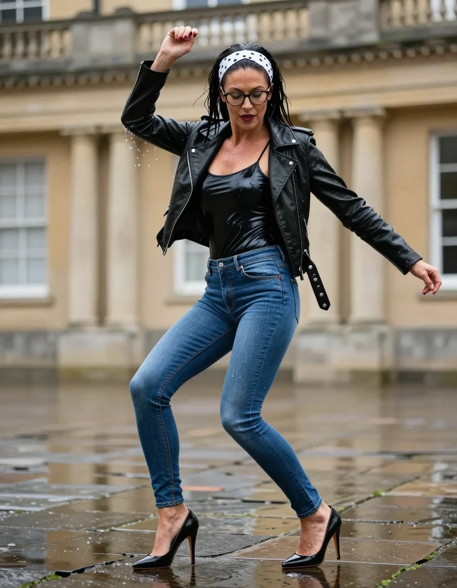 photo of young woman, in soaking wet, drenched clothes,
high-heeled shoes , shiny blue jeans , Shiny black top, black leather byker jacket ,  Dancing in Walter after Bath , 
enjoying, wet clothes stuck to body,
detailed textures of the wet clothes, wet face, wet plastered hair,
wet, drenched, professional, high-quality details, full body view.
sharp focus, ultra-high pixel detail, realistic, high-quality, full colors, incredibly detailed, 4k, 8k, 16k, hyper-realistic, RAW photo, masterpiece, ultra-detailed, professionally color graded, professional photograph, european brunette skinny woman 50 years old, long dark black hair, office glasses, white polka-dot headband, very big and thick lips, complete body, wet skin, wet clothes, damp fabric, wet skin, wet clothes, damp fabric, wet skin, wet clothes, damp fabric, wet skin, wet clothes, damp fabric, wet skin, wet clothes, damp fabric, wet skin, wet clothes, damp fabric, wet skin, wet clothes, damp fabric, wet skin, wet clothes, damp fabric, wet skin, wet clothes, damp fabric