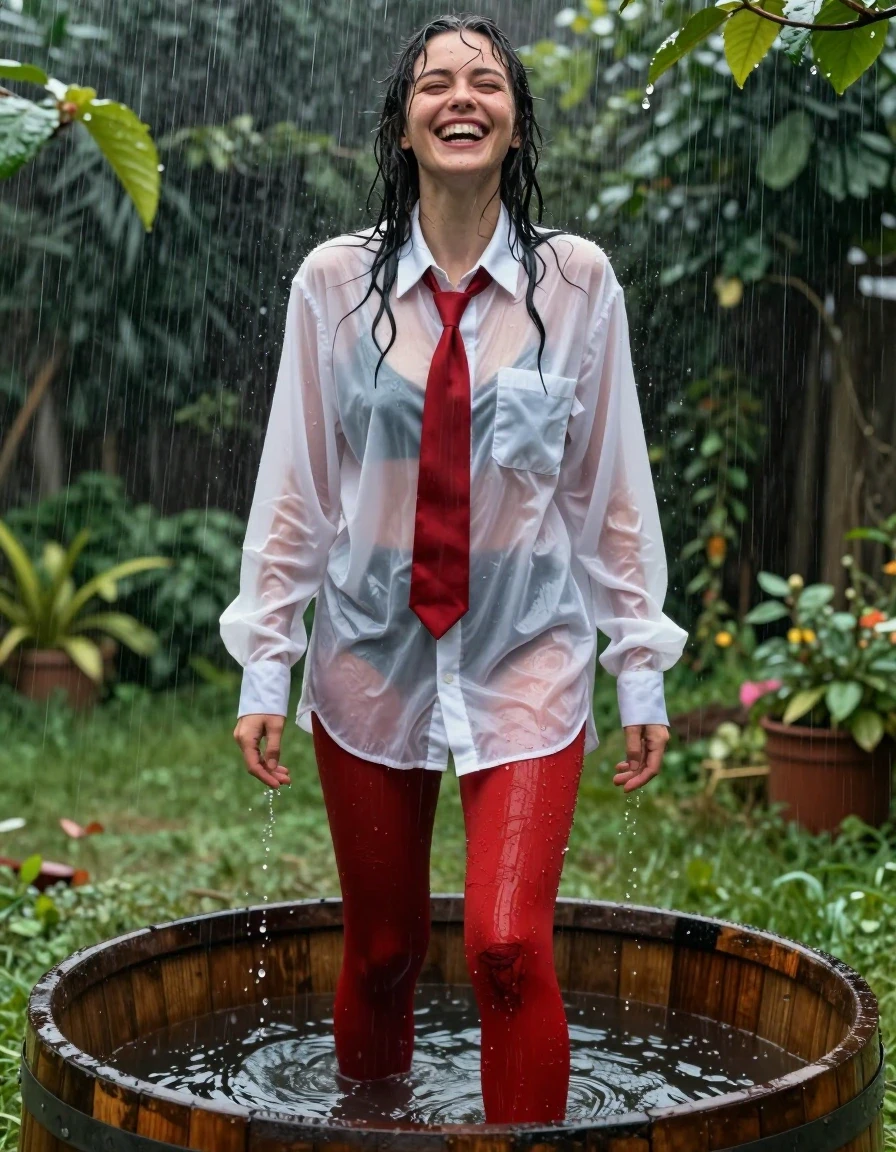 A photorealistic medium shot of a young adult European woman standing inside a wooden barrel full of water in a lush garden during a heavy rainstorm. She is wearing a crisp white oversized buttoned-down long-sleeved blouse and a red necktie, both rendered as translucent, soaking-wet fabric that clings to her skin, showing darkened patches, heavy wet folds, and a glossy water sheen. Her legs and feet are covered in red ripped pantihose, which are saturated with water, clinging tightly to her skin with visible texture, darkened red hues, and glistening water droplets. She is captured in a candid, joyful moment, laughing with her head tilted back, her hair wet and plastered to her face and shoulders. The environment is vibrant and wet, with rain streaks visible in the air, water splashing in the barrel, and leaves glistening with moisture. The lighting is natural, diffused daylight that creates strong specular reflections on her wet clothing, skin, and the water surface, captured with sharp focus and high-fidelity textures.