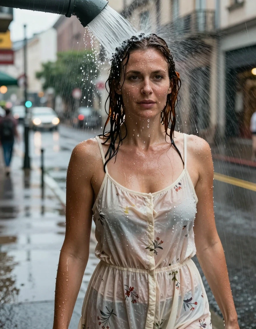 A realistic selfie-style photograph of a fit, mid-30s woman with chestnut hair, standing directly under the heavy deluge of water pouring from a downtown gutter downspout on a rainy afternoon. She is wearing a cream-colored cotton sundress with a subtle floral pattern, which is completely drenched, clinging to her body, and rendered translucent by the water, showing dark, heavy, saturated fabric folds and deep wet patches. Her hair is matted and dripping, her skin is covered in a realistic sheen of water, and water droplets stream down her face and shoulders. The setting is a wet, reflective downtown street with blurred urban lights in the background. High-resolution, sharp focus on the textures of the soaked cotton and droplets, captured with a handheld camera aesthetic, natural overcast lighting, intense wet-look detail throughout.