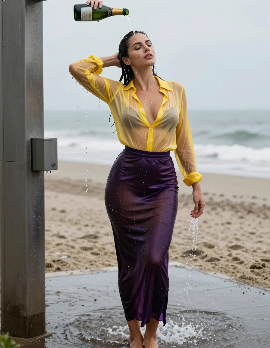 photo of young woman, in soaking wet, drenched clothes,
high-heels, see-through dark purple satin silk slim floor-length skirt, tranparent, dark yellow silk blouse,buttoned, long sleeves, no underwear, stand in the water of a shower at the beach, 
enjoying, wet clothes stuck to body,
detailed textures of the wet clothes, wet face, wet plastered hair,
wet, drenched, professional, high-quality details, full body view.
sharp focus, ultra-high pixel detail, realistic, high-quality, full colors, incredibly detailed, 4k, 8k, 16k, hyper-realistic, RAW photo, masterpiece, ultra-detailed, professionally color graded, professional photograph, heavy rain, completely soaked, drenched, dripping wet, visible breasts, another girl pours a bottle of champagne over her head, wet skin, wet clothes, damp fabric, wet skin, wet clothes, damp fabric, wet skin, wet clothes, damp fabric