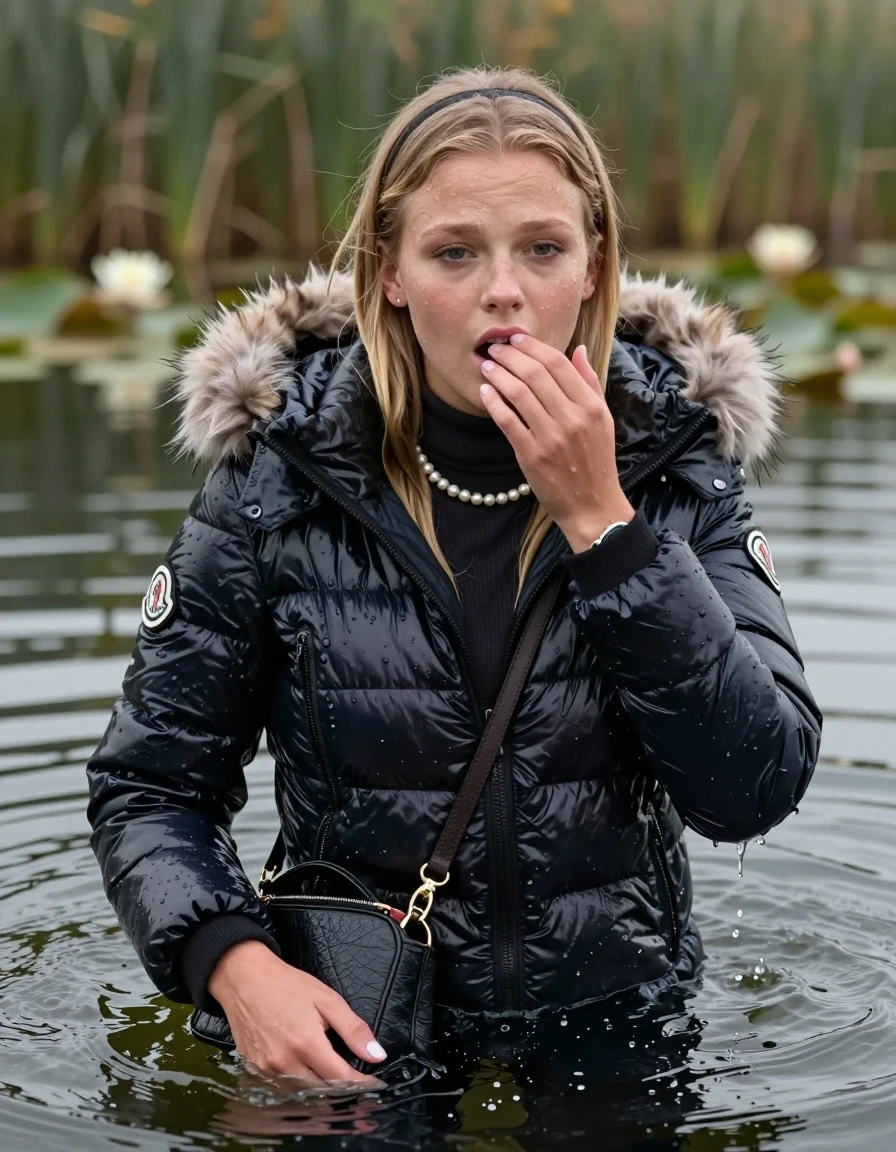 photo of young woman, in soaking wet, drenched clothes,
, , Moncler shiny puffer down jacket with fur, open jacket,  tight turtleneck sweater belly free, shoulderbag, pearl necklace, bracelet, wristwatch, Swimming and sinking deep into the water after diving in a lake with water lilies and reeds, 
enjoying, wet clothes stuck to body,
detailed textures of the wet clothes, wet face, wet plastered hair,
wet, drenched, professional, high-quality details, full body view.
sharp focus, ultra-high pixel detail, realistic, high-quality, full colors, incredibly detailed, 4k, 8k, 16k, hyper-realistic, RAW photo, masterpiece, ultra-detailed, professionally color graded, professional photograph, Anna Malygon, blonde Sleek long straight hair, hairband

15 years old  teenage girl

Looking up at camera, Whole body and shoulders are submerged under the surface. open mouth, half closed eyes. Make-up.

she is completely underwater up to her neck.

one hand on her mouth.

her submerged clothes are hardly vusible under water, she soaked her handbag into the water
she is completely underwater up to her neck, afraid and astonished expression. 

her clothing is soaking wet and clinging tightly to her skin, showing heavy wet folds, darkened fabric texture, and deep water-saturated Patches, her clothes are heavy from the water, water runs from her body and her clothes in streams. A lot of water also runs out of her clothes. Her clothes are darkened by the water. Her submerged clothes are good visible under the water.  she soaked her handbag into the water.

close up view, wet skin, wet clothes, wet hair, damp fabric, water runs down the clothes, wet skin, wet clothes, damp fabric. cinematic medium shot, hyper-realistic wetness, high-contrast water sheen, sharp focus, 16k resolution, professional photography, realistic water physics., wet skin, wet clothes, damp fabric, wet skin, wet clothes, damp fabric, wet skin, wet clothes, damp fabric, wet skin, wet clothes, damp fabric, wet skin, wet clothes, damp fabric, wet skin, wet clothes, damp fabric