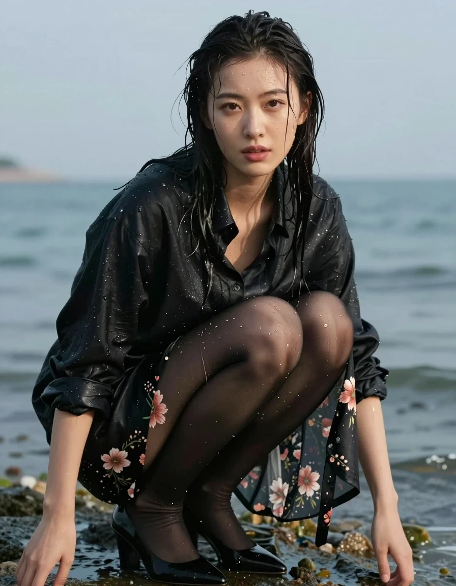 photo of young woman, in soaking wet, drenched clothes,
Black heels, Black nylons, flower printed skirtirt, Black shirt, Sea, 
enjoying, wet clothes stuck to body,
detailed textures of the wet clothes, wet face, wet plastered hair,
wet, drenched, professional, high-quality details, full body view.
sharp focus, ultra-high pixel detail, realistic, high-quality, full colors, incredibly detailed, 4k, 8k, 16k, hyper-realistic, RAW photo, masterpiece, ultra-detailed, professionally color graded, professional photograph, wet skin, wet clothes, damp fabric