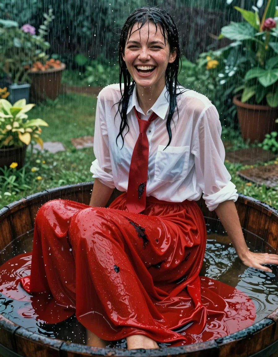 A photorealistic medium-full shot of a young adult European woman with wet, rain-slicked hair and glistening skin, sitting inside a large wooden barrel filled with water in a lush garden during a heavy rainstorm. She is wearing a white oversized buttoned-down long-sleeved blouse and a vibrant red maxi skirt that is excessively long and pooling in the water; both garments are heavily soaked, translucent in areas, clinging to her form with deep, saturated colors, dark wet fabric patches, and heavy folds. A crisp red necktie is knotted at her collar, darkened and drenched by the downpour. She is laughing joyfully, her expression radiant as rain cascades over her face and shoulders. The environment is vibrant and wet, with rain droplets splashing against the water surface in the barrel and foliage blurred in the background. Cinematic lighting highlights the water sheen on her skin and the heavy, clinging texture of the wet fabric, 8k resolution, highly detailed, sharp focus on the subject, authentic textures.