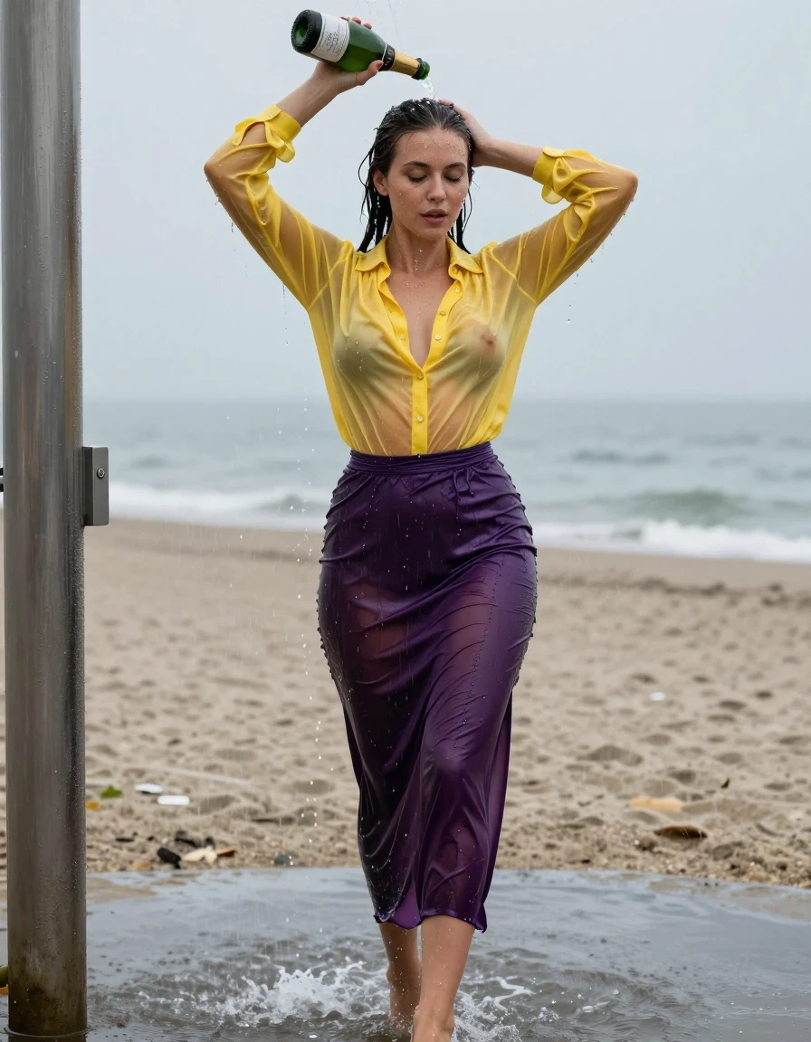 photo of young woman, in soaking wet, drenched clothes,
high-heels, see-through dark purple satin silk slim floor-length skirt, tranparent, dark yellow silk blouse,buttoned, long sleeves, no underwear, stand in the water of a shower at the beach, 
enjoying, wet clothes stuck to body,
detailed textures of the wet clothes, wet face, wet plastered hair,
wet, drenched, professional, high-quality details, full body view.
sharp focus, ultra-high pixel detail, realistic, high-quality, full colors, incredibly detailed, 4k, 8k, 16k, hyper-realistic, RAW photo, masterpiece, ultra-detailed, professionally color graded, professional photograph, heavy rain, completely soaked, drenched, dripping wet, visible breasts, she pours a bottle of champagne over her head, wet skin, wet clothes, damp fabric, wet skin, wet clothes, damp fabric, wet skin, wet clothes, damp fabric
