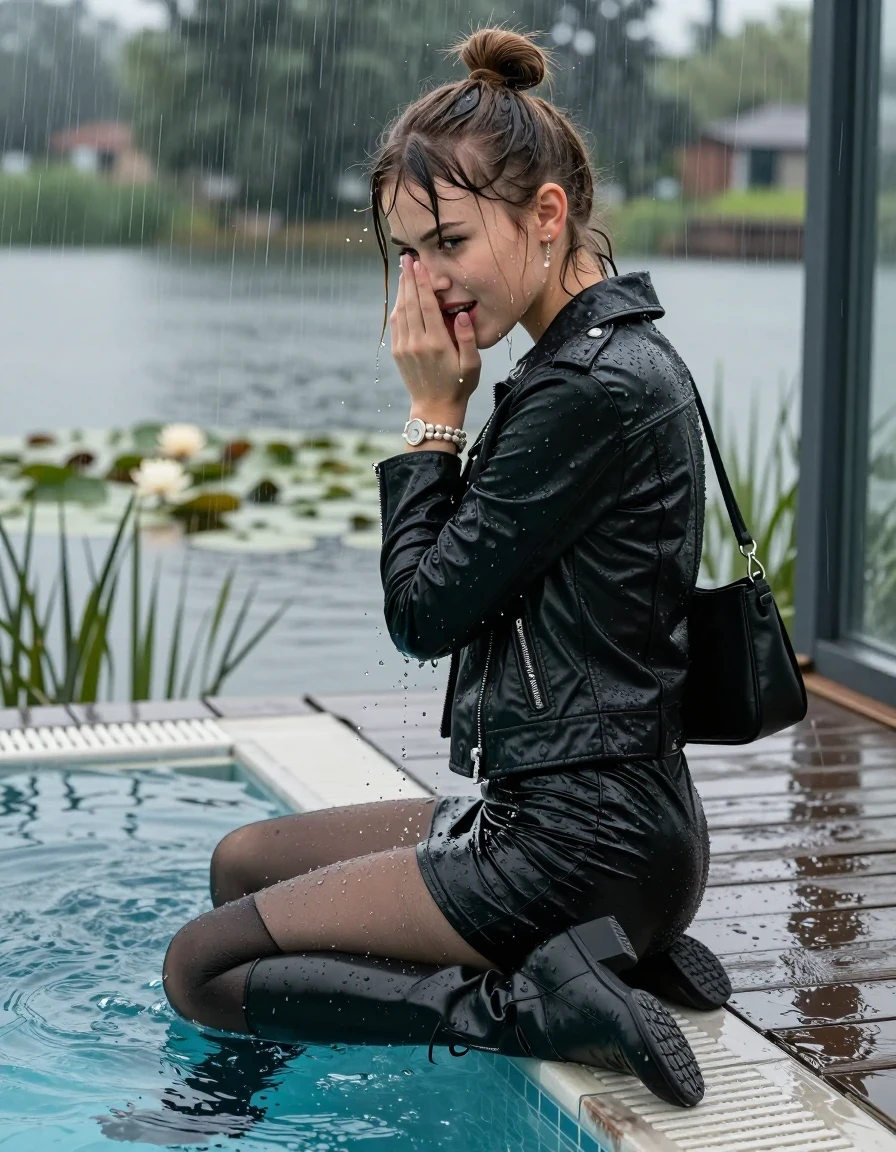 photo of young woman, in soaking wet, drenched clothes,
Black high boots, Short black mini skirt, black stockings , Black biker leatherjacket, tight v-neck sweater, shoulderbag, pearl necklace, bracelet, wristwatch, jetty by the lake with water lilies and reeds, 
enjoying, wet clothes stuck to body,
detailed textures of the wet clothes, wet face, wet plastered hair,
wet, drenched, professional, high-quality details, full body view.
sharp focus, ultra-high pixel detail, realistic, high-quality, full colors, incredibly detailed, 4k, 8k, 16k, hyper-realistic, RAW photo, masterpiece, ultra-detailed, professionally color graded, professional photograph, A realistic vertical fashion photograph taken from a backward, behind-the-back angle of a Young horny 12-year-old teengirl sitting  and slides in a glass-walled outdoor swimming pool, facing away to the camera to show her back. 

She is tilting her head at camera, letting the water drench her hair so it is glued flat against her head and body. 
She has  brunette sticked up topknot with bangs, completely saturated and dripping wet hair, with water cascading down her face and neck. Shy and insecure expression. She is a Little Bit fearful and Smileys embarrassed. Hold her hands over her mouth. Slight Open mouth, half closed eyes. Make-up, red lips, down-Running Eyeliner.

The lighting is bright and cinematic, highlighting the glistening water droplets and the saturated texture of her  casual clothes. Outside the large glass wall of the pool building, heavy rain is visible falling against the window. Soft, moody indoor lighting with reflections on the water. High-quality fashion photography style.
her clothing is soaking wet and clinging tightly to her skin, showing heavy wet folds, darkened fabric texture, and deep water-saturated Patches, her clothes are heavy from the water, water runs from her body and her clothes in streams. A lot of water also runs out of her clothes. Her clothes are darkened by the water. 
hyper-realistic wetness, high-contrast water sheen, sharp focus, 16k resolution, professional photography, realistic water physics., wet skin, wet clothes, damp fabric., wet skin, wet clothes, damp fabric, wet skin, wet clothes, damp fabric, wet skin, wet clothes, damp fabric, wet skin, wet clothes, damp fabric, wet skin, wet clothes, damp fabric, wet skin, wet clothes, damp fabric, wet skin, wet clothes, damp fabric