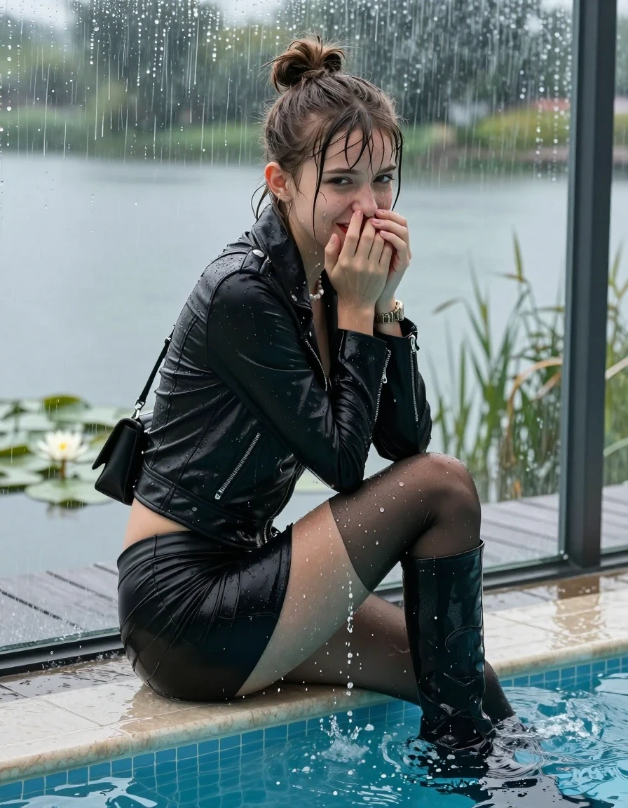 photo of young woman, in soaking wet, drenched clothes,
Black high boots, Short black mini skirt, black stockings , Black biker leatherjacket, tight v-neck sweater, shoulderbag, pearl necklace, bracelet, wristwatch, jetty by the lake with water lilies and reeds, 
enjoying, wet clothes stuck to body,
detailed textures of the wet clothes, wet face, wet plastered hair,
wet, drenched, professional, high-quality details, full body view.
sharp focus, ultra-high pixel detail, realistic, high-quality, full colors, incredibly detailed, 4k, 8k, 16k, hyper-realistic, RAW photo, masterpiece, ultra-detailed, professionally color graded, professional photograph, A realistic vertical fashion photograph taken from a backward, behind-the-back angle of a Young horny 12-year-old teengirl sitting  and slides in a glass-walled outdoor swimming pool, facing directly to the camera to show her back. 

She is tilting her head at camera, letting the water drench her hair so it is glued flat against her head and body. 
She has  brunette sticked up topknot with bangs, completely saturated and dripping wet hair, with water cascading down her face and neck. Shy and insecure expression. She is a Little Bit fearful and Smileys embarrassed. Hold her hands over her mouth. Slight Open mouth, half closed eyes. Make-up, red lips, down-Running Eyeliner.

The lighting is bright and cinematic, highlighting the glistening water droplets and the saturated texture of her  casual clothes. Outside the large glass wall of the pool building, heavy rain is visible falling against the window. Soft, moody indoor lighting with reflections on the water. High-quality fashion photography style.
her clothing is soaking wet and clinging tightly to her skin, showing heavy wet folds, darkened fabric texture, and deep water-saturated Patches, her clothes are heavy from the water, water runs from her body and her clothes in streams. A lot of water also runs out of her clothes. Her clothes are darkened by the water. 
hyper-realistic wetness, high-contrast water sheen, sharp focus, 16k resolution, professional photography, realistic water physics., wet skin, wet clothes, damp fabric., wet skin, wet clothes, damp fabric, wet skin, wet clothes, damp fabric, wet skin, wet clothes, damp fabric, wet skin, wet clothes, damp fabric, wet skin, wet clothes, damp fabric, wet skin, wet clothes, damp fabric
