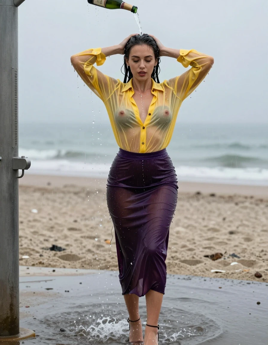 photo of young woman, in soaking wet, drenched clothes,
high-heels, see-through dark purple satin silk slim floor-length skirt, tranparent, dark yellow silk blouse,buttoned, long sleeves, no underwear, stand in the water of a shower at the beach, 
enjoying, wet clothes stuck to body,
detailed textures of the wet clothes, wet face, wet plastered hair,
wet, drenched, professional, high-quality details, full body view.
sharp focus, ultra-high pixel detail, realistic, high-quality, full colors, incredibly detailed, 4k, 8k, 16k, hyper-realistic, RAW photo, masterpiece, ultra-detailed, professionally color graded, professional photograph, heavy rain, completely soaked, drenched, dripping wet, visible breasts, pour a bottle of champagne over her head, wet skin, wet clothes, damp fabric, wet skin, wet clothes, damp fabric, wet skin, wet clothes, damp fabric