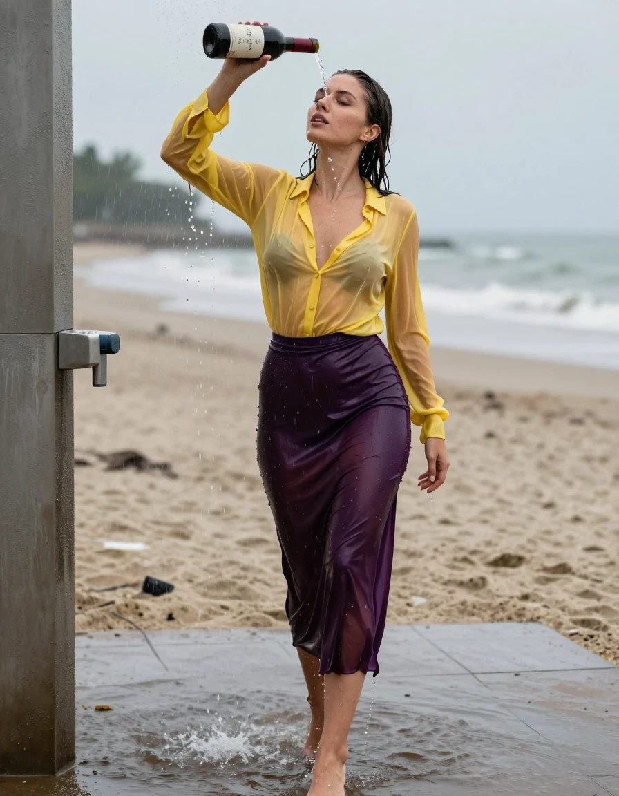 photo of young woman, in soaking wet, drenched clothes,
high-heels, see-through dark purple satin silk slim floor-length skirt, tranparent, dark yellow silk blouse,buttoned, long sleeves, no underwear, stand in the water of a shower at the beach, 
enjoying, wet clothes stuck to body,
detailed textures of the wet clothes, wet face, wet plastered hair,
wet, drenched, professional, high-quality details, full body view.
sharp focus, ultra-high pixel detail, realistic, high-quality, full colors, incredibly detailed, 4k, 8k, 16k, hyper-realistic, RAW photo, masterpiece, ultra-detailed, professionally color graded, professional photograph, heavy rain, completely soaked, drenched, dripping wet, visible breasts, she pours a bottle of red wine over her head, wet skin, wet clothes, damp fabric, wet skin, wet clothes, damp fabric, wet skin, wet clothes, damp fabric