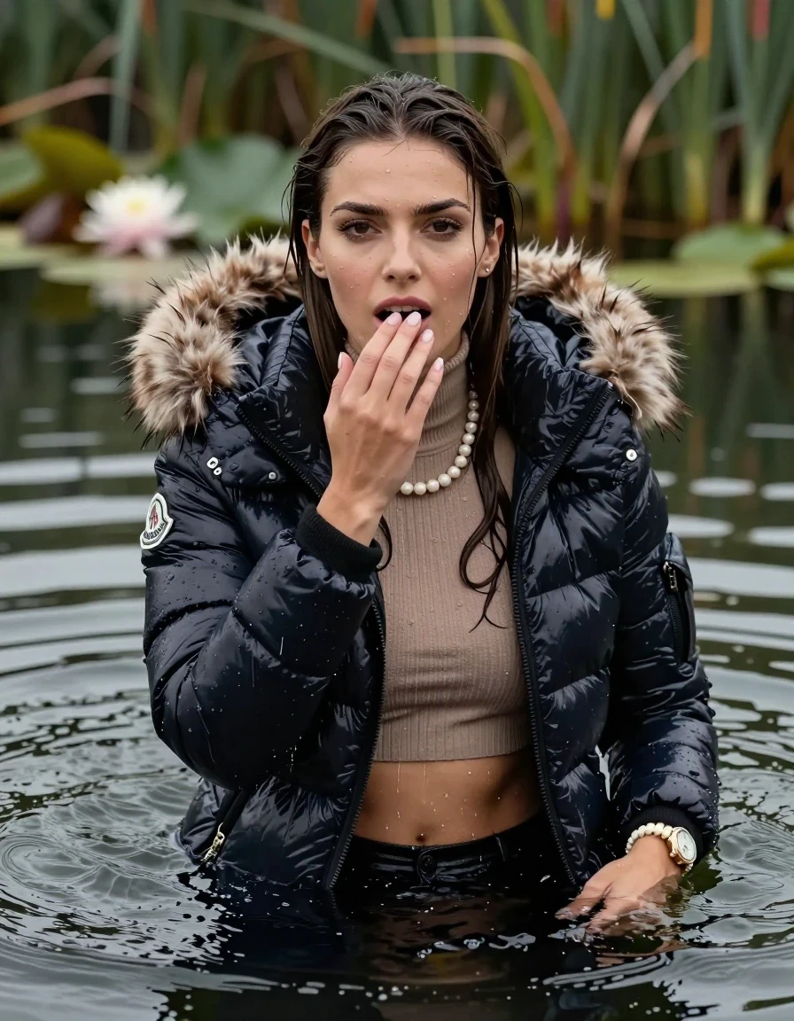 photo of young woman, in soaking wet, drenched clothes,
, , Moncler shiny puffer down jacket with fur, open jacket,  tight turtleneck sweater belly free, shoulderbag, pearl necklace, bracelet, wristwatch, Swimming and sinking deep into the water after diving in a lake with water lilies and reeds, 
enjoying, wet clothes stuck to body,
detailed textures of the wet clothes, wet face, wet plastered hair,
wet, drenched, professional, high-quality details, full body view.
sharp focus, ultra-high pixel detail, realistic, high-quality, full colors, incredibly detailed, 4k, 8k, 16k, hyper-realistic, RAW photo, masterpiece, ultra-detailed, professionally color graded, professional photograph, Anna Malygon, Sleek long straight hair

Looking up at camera, Whole body and shoulders are submerged under the surface. open mouth, half closed eyes. Make-up.

she is completely underwater up to her neck.

Hold her hand over her mouth.

her submerged clothes are hardly vusible under water, she soaked her handbag into the water
she is completely underwater up to her neck, afraid and astonished expression, slightly smile.

her clothing is soaking wet and clinging tightly to her skin, showing heavy wet folds, darkened fabric texture, and deep water-saturated Patches, her clothes are heavy from the water, water runs from her body and her clothes in streams. A lot of water also runs out of her clothes. Her clothes are darkened by the water. Her submerged clothes are good visible under the water.  she soaked her handbag into the water.

close up view, wet skin, wet clothes, wet hair, damp fabric, water runs down the clothes, wet skin, wet clothes, damp fabric. cinematic medium shot, hyper-realistic wetness, high-contrast water sheen, sharp focus, 16k resolution, professional photography, realistic water physics., wet skin, wet clothes, damp fabric, wet skin, wet clothes, damp fabric, wet skin, wet clothes, damp fabric, wet skin, wet clothes, damp fabric, wet skin, wet clothes, damp fabric, wet skin, wet clothes, damp fabric
