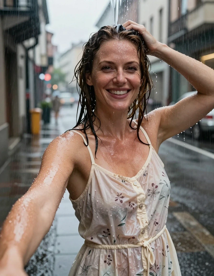 A hyper-realistic selfie photo of a fit woman in her late 30s with chestnut hair, standing directly under the heavy deluge of a gutter downspout in downtown during a rainy afternoon. She is smiling joyfully, holding the camera with one arm while her other hand slicks back her wet, dark chestnut hair. She is wearing a cream-colored cotton sundress with a subtle floral pattern; the fabric is heavily soaked and translucent, clinging to her skin with deep wet patches, heavy water-logged folds, and a dark, saturated appearance where the water has absorbed into the cotton fibers, showcasing a realistic wet sheen and heavy texture. The urban environment is blurred in the background with rain-slicked pavement and ambient city light. The lighting is natural and moody, highlighting the water droplets on her skin, the glistening wet strands of her hair, and the intense, clinging wetness of the dress. 8k resolution, cinematic photography, sharp focus on the woman's face and the texture of the drenched fabric, captured with a high-end lens.