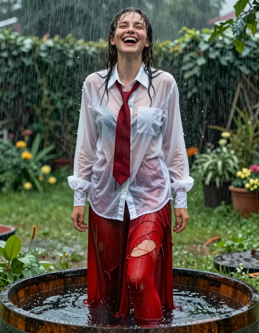 A photorealistic medium shot of a young adult European woman with wet, rain-slicked hair and glowing skin, standing inside a wooden barrel filled with water in a lush garden during a heavy rainstorm. She is wearing a crisp white oversized buttoned-down long-sleeved blouse that is soaking wet, translucent, and clinging to her skin with deep, water-saturated folds. Underneath the blouse, a vibrant red necktie is knotted at her throat, dark with moisture. She wears a long red maxi skirt that is excessively long, billowing and heavy with water, its fabric darkened to a deep crimson where it is completely saturated. Beneath the skirt, her legs are covered in red ripped pantyhose, with the fabric torn and clinging to her wet skin, showing visible texture and glossy water sheen. She is laughing joyfully, head tilted back, capturing a candid moment of pure happiness. The scene is illuminated by soft, natural daylight, with heavy raindrops creating ripples in the barrel water and glistening on her skin and clothing. High-resolution, cinematic lighting, 8k, detailed textures, hyper-realistic wet-look finish.
