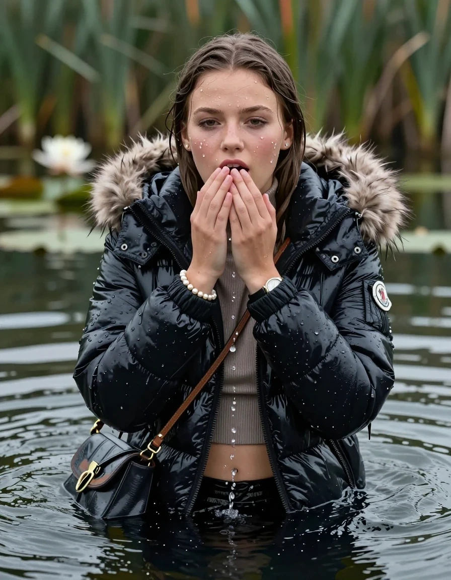 photo of young woman, in soaking wet, drenched clothes,
, , Moncler shiny puffer down jacket with fur, open jacket,  tight turtleneck sweater belly free, shoulderbag, pearl necklace, bracelet, wristwatch, Swimming and sinking deep into the water after diving in a lake with water lilies and reeds, 
enjoying, wet clothes stuck to body,
detailed textures of the wet clothes, wet face, wet plastered hair,
wet, drenched, professional, high-quality details, full body view.
sharp focus, ultra-high pixel detail, realistic, high-quality, full colors, incredibly detailed, 4k, 8k, 16k, hyper-realistic, RAW photo, masterpiece, ultra-detailed, professionally color graded, professional photograph, Anna Malygon, Sleek long straight hair

15 years old  teenage girl

Looking up at camera, Whole body and shoulders are submerged under the surface. open mouth, half closed eyes. Make-up.

she is completely underwater up to her neck.

Hold her hand over her mouth.

her submerged clothes are hardly vusible under water, she soaked her handbag into the water
she is completely underwater up to her neck, afraid and astonished expression. 

her clothing is soaking wet and clinging tightly to her skin, showing heavy wet folds, darkened fabric texture, and deep water-saturated Patches, her clothes are heavy from the water, water runs from her body and her clothes in streams. A lot of water also runs out of her clothes. Her clothes are darkened by the water. Her submerged clothes are good visible under the water.  she soaked her handbag into the water.

close up view, wet skin, wet clothes, wet hair, damp fabric, water runs down the clothes, wet skin, wet clothes, damp fabric. cinematic medium shot, hyper-realistic wetness, high-contrast water sheen, sharp focus, 16k resolution, professional photography, realistic water physics., wet skin, wet clothes, damp fabric, wet skin, wet clothes, damp fabric, wet skin, wet clothes, damp fabric, wet skin, wet clothes, damp fabric, wet skin, wet clothes, damp fabric, wet skin, wet clothes, damp fabric