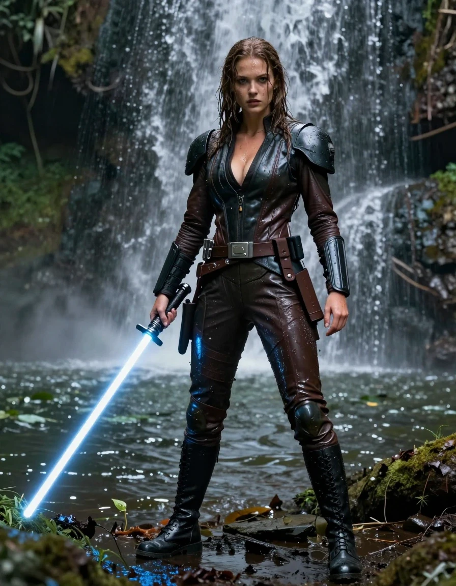 photo of young woman, in soaking wet, drenched clothes,
black combat boots, star wars  dark jedi martial outfit in patent leather and leather,  water fall with aswamp lake, with a dark jungle in the background, Star Wars style, 
enjoying, wet clothes stuck to body,
detailed textures of the wet clothes, wet face, wet plastered hair,
wet, drenched, professional, high-quality details, full body view.
sharp focus, ultra-high pixel detail, realistic, high-quality, full colors, incredibly detailed, 4k, 8k, 16k, hyper-realistic, RAW photo, masterpiece, ultra-detailed, professionally color graded, professional photograph, a young nordic girl with big boobs wears a dark jedi outfit. the girl stand under a waterfall holding a star wars light saber in their hand. she is ready to fight. the clothes are completly drenched and dirty and muddy from the swamp.  wet skin, wet hair, wet clothes, damp fabric, wet skin, wet clothes, damp fabric., wet skin, wet clothes, damp fabric, wet skin, wet clothes, damp fabric