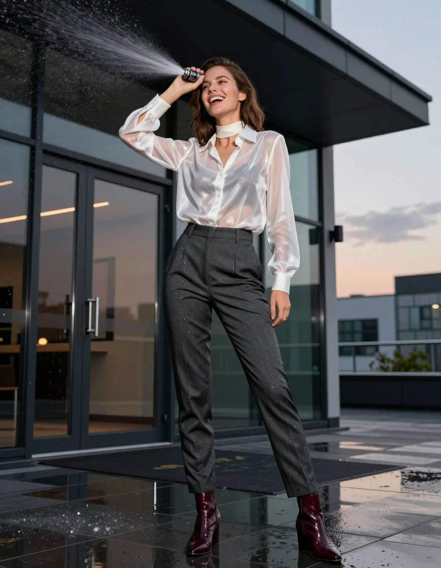 A young adult European woman laughing while shielding her face from a spray of water from a broken overhead sprinkler, hyper-realistic wet texture on skin and hair, editorial fashion photography. She is wearing a sheer white silk button-down shirt with a high-neck, heavily saturated and translucent, clinging to her torso, paired with tailored charcoal wool trousers that are clinging due to heavy moisture, and dark burgundy wet leather ankle boots. The scene is set at a modern office building glass entrance at dusk with a rooftop terrace adjacent, cinematic lighting, low-angle wide shot, sharp focus on clothing texture, vibrant urban evening hues, clean anatomy, realistic proportions, high resolution, professional photography.
