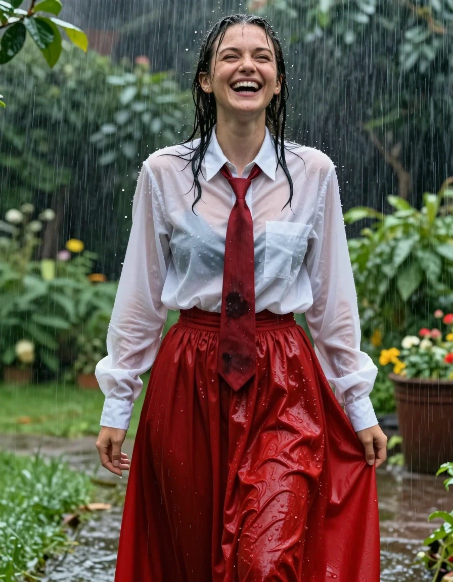 A photorealistic medium shot of a young adult European woman with wet, rain-slicked hair and glistening skin, standing in a lush garden during a heavy downpour. She is wearing a crisp white oversized buttoned-down long-sleeved blouse that is translucent and clinging to her skin from the rain, paired with an excessively long, voluminous red maxi skirt that is heavy, soaked, and draped in deep, saturated crimson folds where the water has collected. A professional red necktie is knotted at her collar, darkened by the rain. She is captured in a candid moment, laughing joyfully with her head tilted back, water droplets cascading off her face and hair. The fabric of the blouse and skirt shows realistic wetness, with darker patches, heavy water-saturated texture, and clinging folds that reveal the silhouette underneath. The environment is a vibrant, rain-drenched garden with blurred greenery and glistening wet foliage in the background. High-shutter speed photography, sharp focus on the subject's expressive face, natural soft overcast lighting, intense water sheen, hyper-detailed textures, cinematic composition.