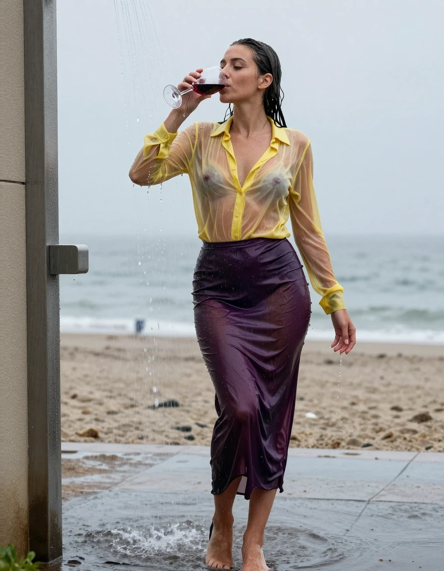 photo of young woman, in soaking wet, drenched clothes,
high-heels, see-through dark purple satin silk slim floor-length skirt, tranparent, dark yellow silk blouse,buttoned, long sleeves, no underwear, stand in the water of a shower at the beach, 
enjoying, wet clothes stuck to body,
detailed textures of the wet clothes, wet face, wet plastered hair,
wet, drenched, professional, high-quality details, full body view.
sharp focus, ultra-high pixel detail, realistic, high-quality, full colors, incredibly detailed, 4k, 8k, 16k, hyper-realistic, RAW photo, masterpiece, ultra-detailed, professionally color graded, professional photograph, heavy rain, completely soaked, drenched, dripping wet, visible breasts, drinking a glass of red wine, wet skin, wet clothes, damp fabric, wet skin, wet clothes, damp fabric, wet skin, wet clothes, damp fabric