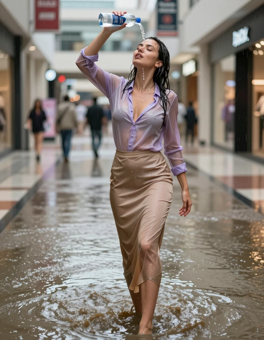 photo of young woman, in soaking wet, drenched clothes,
high-heels, see-throug hlight golden satin silk slim floor-length skirt, tranparent, light purple silk blouse,buttoned, long sleeves, no underwear, standing in the muddy water in the shopping mall pouring a bottle of water over her head, 
enjoying, wet clothes stuck to body,
detailed textures of the wet clothes, wet face, wet plastered hair,
wet, drenched, professional, high-quality details, full body view.
sharp focus, ultra-high pixel detail, realistic, high-quality, full colors, incredibly detailed, 4k, 8k, 16k, hyper-realistic, RAW photo, masterpiece, ultra-detailed, professionally color graded, professional photograph, heavy rain, completely soaked, drenched, dripping wet, visible breasts, wet skin, wet clothes, damp fabric, wet skin, wet clothes, damp fabric, wet skin, wet clothes, damp fabric, wet skin, wet clothes, damp fabric, wet skin, wet clothes, damp fabric