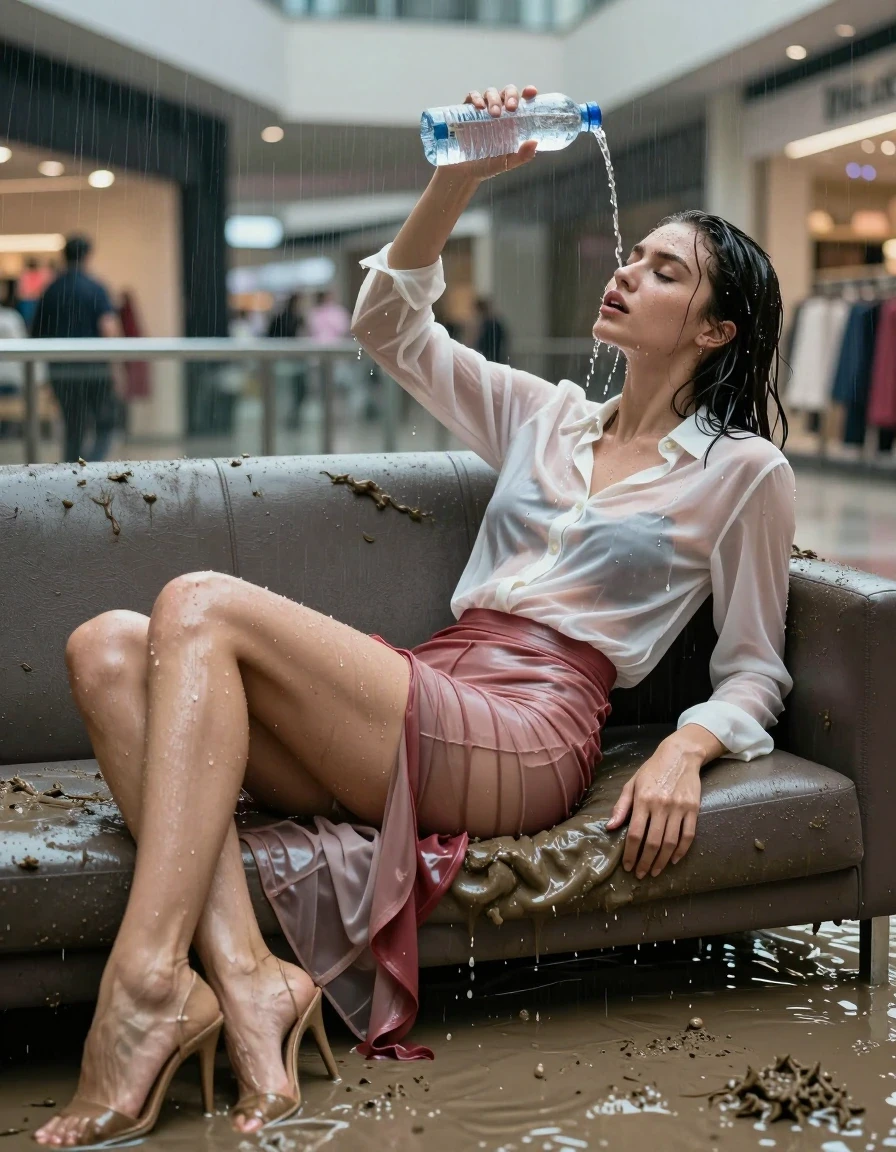 photo of young woman, in soaking wet, drenched clothes,
high-heels, see-through, transparent, light red satin silk slim floor-length skirt, see-through, tranparent, dark white silk blouse, buttoned, long sleeves, no underwear, lying on a muddy couch in the muddy water in the shopping mall pouring a bottle of water over her head, 
enjoying, wet clothes stuck to body,
detailed textures of the wet clothes, wet face, wet plastered hair,
wet, drenched, professional, high-quality details, full body view.
sharp focus, ultra-high pixel detail, realistic, high-quality, full colors, incredibly detailed, 4k, 8k, 16k, hyper-realistic, RAW photo, masterpiece, ultra-detailed, professionally color graded, professional photograph, heavy rain, completely soaked, drenched, dripping wet, visible breasts, wet skin, wet clothes, damp fabric, wet skin, wet clothes, damp fabric, wet skin, wet clothes, damp fabric, wet skin, wet clothes, damp fabric, wet skin, wet clothes, damp fabric, wet skin, wet clothes, damp fabric