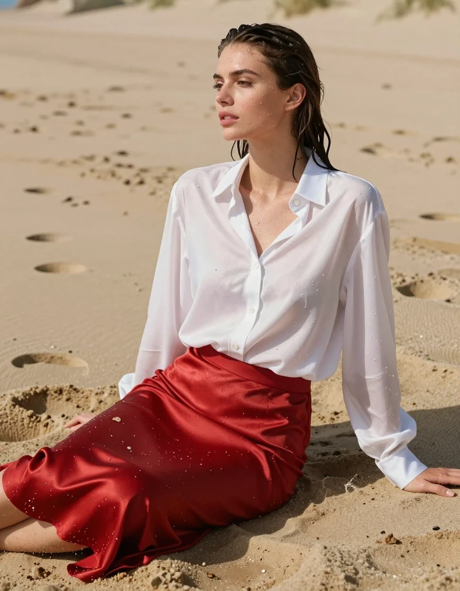 photo of young woman, in soaking wet, drenched clothes,
barefeet, floor-length red silk skirt, satin long-sleeved buttoned-down oversized white blouse, emtpy beach, 
enjoying, wet clothes stuck to body,
detailed textures of the wet clothes, wet face, wet plastered hair,
wet, drenched, professional, high-quality details, full body view.
sharp focus, ultra-high pixel detail, realistic, high-quality, full colors, incredibly detailed, 4k, 8k, 16k, hyper-realistic, RAW photo, masterpiece, ultra-detailed, professionally color graded, professional photograph, sunbathing in the sand, wet skin, wet clothes, damp fabric