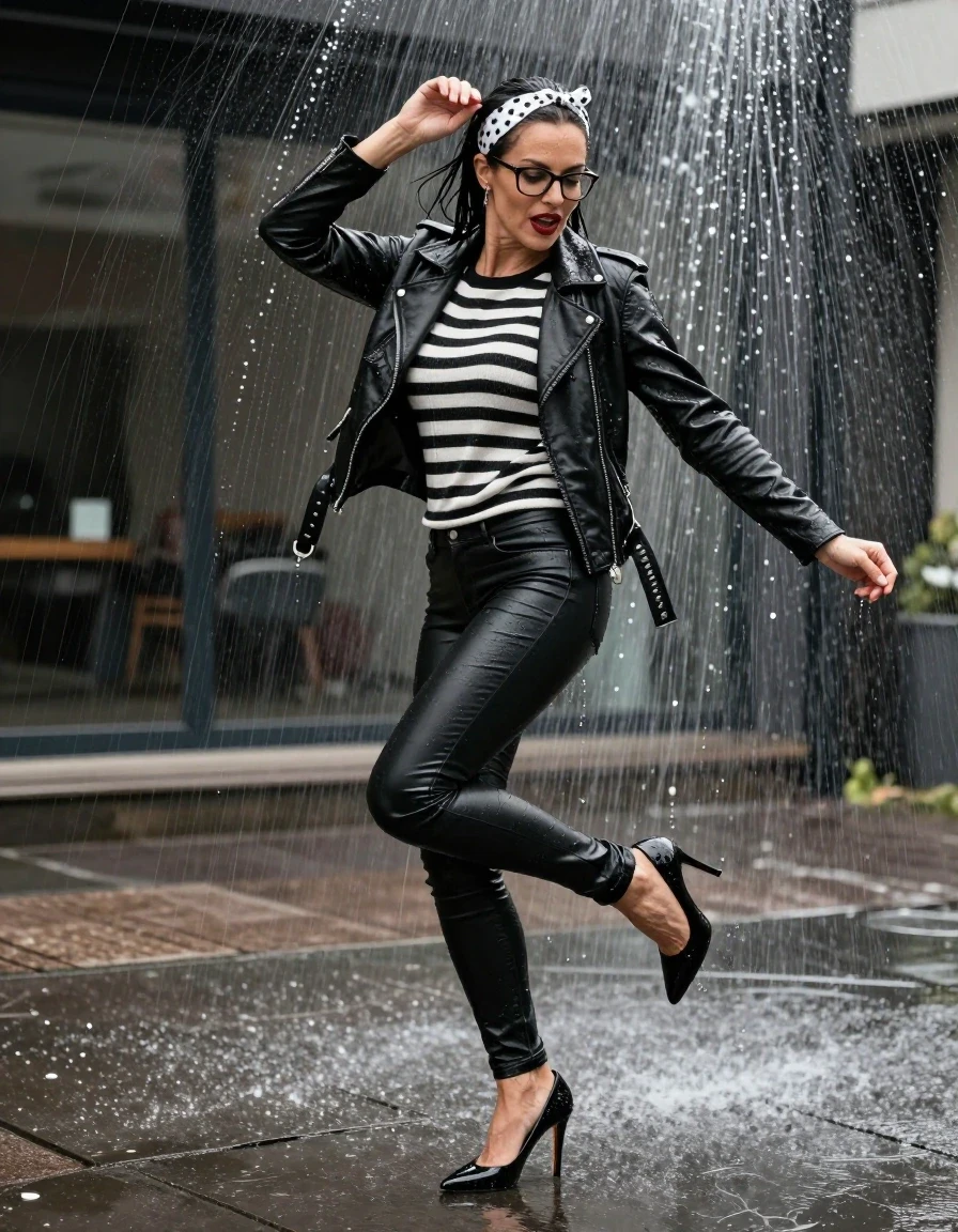 photo of young woman, in soaking wet, drenched clothes,
high-heeled shoes, long black leather jeans, midi black & white striped sweater with a neckline, , black byker leather jacket, dancing under the sprinklers, 
enjoying, wet clothes stuck to body,
detailed textures of the wet clothes, wet face, wet plastered hair,
wet, drenched, professional, high-quality details, full body view.
sharp focus, ultra-high pixel detail, realistic, high-quality, full colors, incredibly detailed, 4k, 8k, 16k, hyper-realistic, RAW photo, masterpiece, ultra-detailed, professionally color graded, professional photograph, european brunette skinny woman 50 years old, long dark black hair, white polka-dot headband, office glasses, very big and thick lips, complete body, wet skin, wet clothes, damp fabric, wet skin, wet clothes, damp fabric, wet skin, wet clothes, damp fabric, wet skin, wet clothes, damp fabric, wet skin, wet clothes, damp fabric, wet skin, wet clothes, damp fabric, wet skin, wet clothes, damp fabric