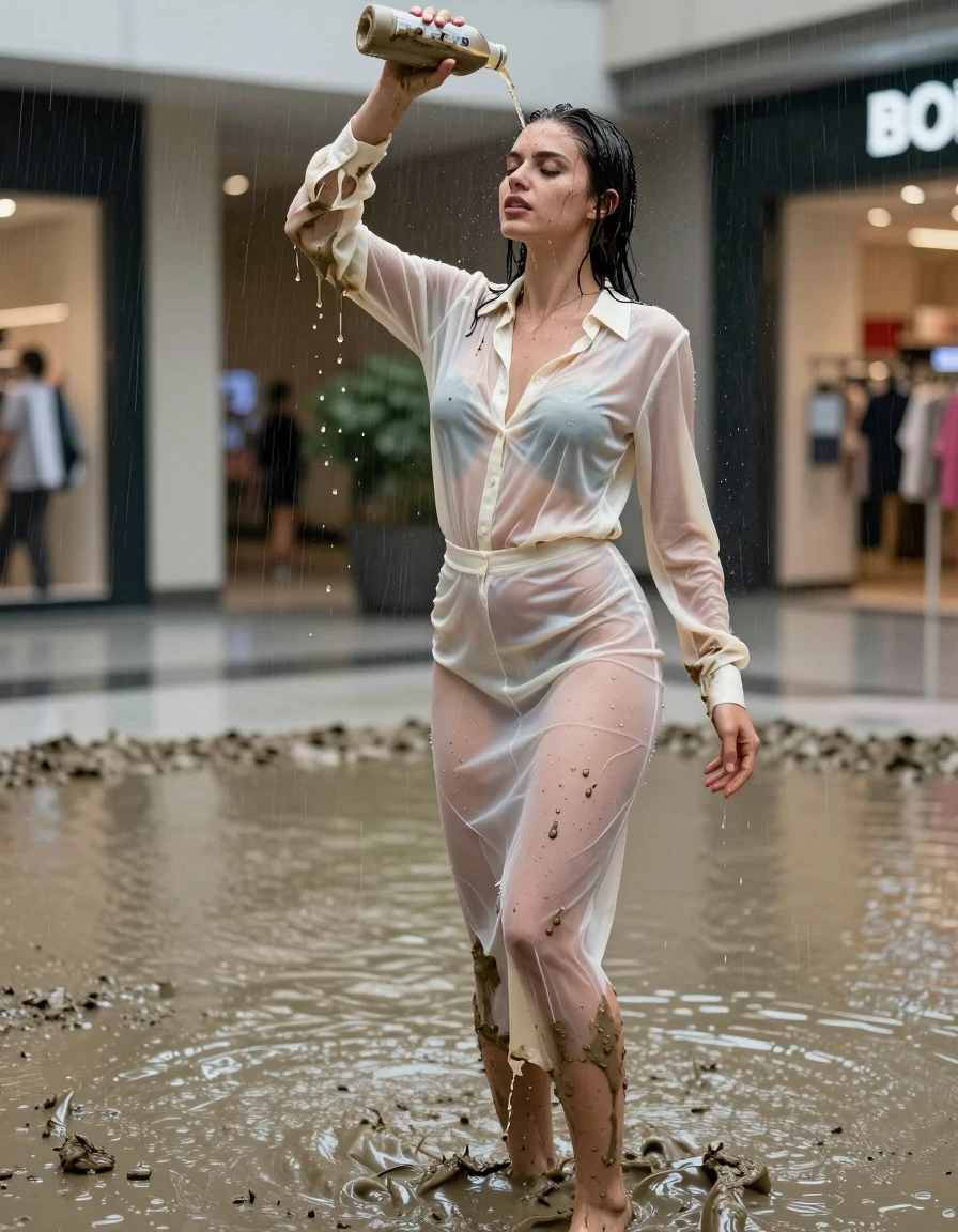 photo of young woman, in soaking wet, drenched clothes,
high-heels, see-through, transparent, crean white satin silk slim floor-length skirt, see-through, tranparent, cream white satin silk blouse, buttoned, long sleeves, no underwear, standing in a muddy shower in the muddy water in the shopping mall, pouring a bottle of muddy water over her head, 
enjoying, wet clothes stuck to body,
detailed textures of the wet clothes, wet face, wet plastered hair,
wet, drenched, professional, high-quality details, full body view.
sharp focus, ultra-high pixel detail, realistic, high-quality, full colors, incredibly detailed, 4k, 8k, 16k, hyper-realistic, RAW photo, masterpiece, ultra-detailed, professionally color graded, professional photograph, muddy blouse, heavy rain, completely soaked, drenched, dripping wet, visible breasts, wet skin, wet clothes, damp fabric, wet skin, wet clothes, damp fabric, wet skin, wet clothes, damp fabric, wet skin, wet clothes, damp fabric, wet skin, wet clothes, damp fabric, wet skin, wet clothes, damp fabric