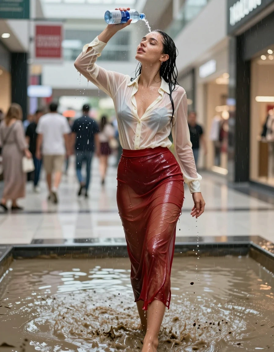 photo of young woman, in soaking wet, drenched clothes,
high-heels, see-through, transparent, light red satin silk slim floor-length skirt, see-through, tranparent, cream white silk blouse, buttoned, long sleeves, no underwear, standing in a muddy shower in the muddy water in the shopping mall, pouring a bottle of water over her head, 
enjoying, wet clothes stuck to body,
detailed textures of the wet clothes, wet face, wet plastered hair,
wet, drenched, professional, high-quality details, full body view.
sharp focus, ultra-high pixel detail, realistic, high-quality, full colors, incredibly detailed, 4k, 8k, 16k, hyper-realistic, RAW photo, masterpiece, ultra-detailed, professionally color graded, professional photograph, heavy rain, completely soaked, drenched, dripping wet, visible breasts, wet skin, wet clothes, damp fabric, wet skin, wet clothes, damp fabric, wet skin, wet clothes, damp fabric, wet skin, wet clothes, damp fabric, wet skin, wet clothes, damp fabric, wet skin, wet clothes, damp fabric