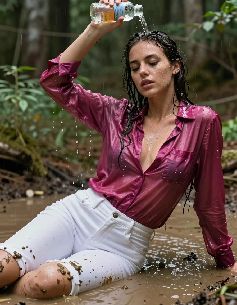 photo of young woman, in soaking wet, drenched clothes,
, white jeans, dripping wet, shiny, see-through, tranparent, oversized magenta satin silk blouse, buttoned, long sleeves, no bra, shower, lying in a knee deep muddy puddle in the muddy water in the woods, pouring a bottle of muddy water over her head, 
enjoying, wet clothes stuck to body,
detailed textures of the wet clothes, wet face, wet plastered hair,
wet, drenched, professional, high-quality details, full body view.
sharp focus, ultra-high pixel detail, realistic, high-quality, full colors, incredibly detailed, 4k, 8k, 16k, hyper-realistic, RAW photo, masterpiece, ultra-detailed, professionally color graded, professional photograph, pourin water on her hair, muddy clothes, heavy rain, completely soaked, drenched, dripping wet, visible breasts, wet skin, mud in her hair, wet clothes, damp fabric, wet skin, wet clothes, damp fabric, wet skin, wet clothes, damp fabric, wet skin, wet clothes, damp fabric, wet clothes, damp fabric, wet skin, wet clothes, damp fabric