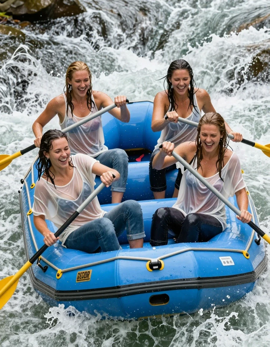 photo of young woman, in soaking wet, drenched clothes,
sneakers, blue jeans, oversized summer top, no bra, wild river, 
enjoying, wet clothes stuck to body,
detailed textures of the wet clothes, wet face, wet plastered hair,
wet, drenched, professional, high-quality details, full body view.
sharp focus, ultra-high pixel detail, realistic, high-quality, full colors, incredibly detailed, 4k, 8k, 16k, hyper-realistic, RAW photo, masterpiece, ultra-detailed, professionally color graded, professional photograph, four 25 year old nordic girls in a inflatable rafting boat do a wild water rafting. all four girls wear jeans and a thin oversized top. the river is very wild.  Water splashes into the boat from all sides, drenching the women. Spray splashes onto the women. Their clothing is completely soaked and clings to their bodies. Each woman holds an oar and is paddling. The women are laughing heartily. None of the women are wearing a bra under the shirt; the thin fabric perfectly outlines the shape of their breasts and nipples. Show a photo of the boat capsizing and all the women falling into the river., wet skin, wet clothes, damp fabric